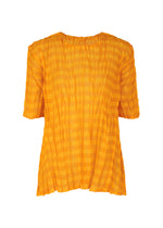 The TWISTED BORDER SHIRT by PLEATS PLEASE ISSEY MIYAKE is a sheer, lightweight, yellow-orange blouse with short sleeves, checkered pattern, and pleated texture. This breathable round-neck top is shown against a white background. - ORANGE （no.32）