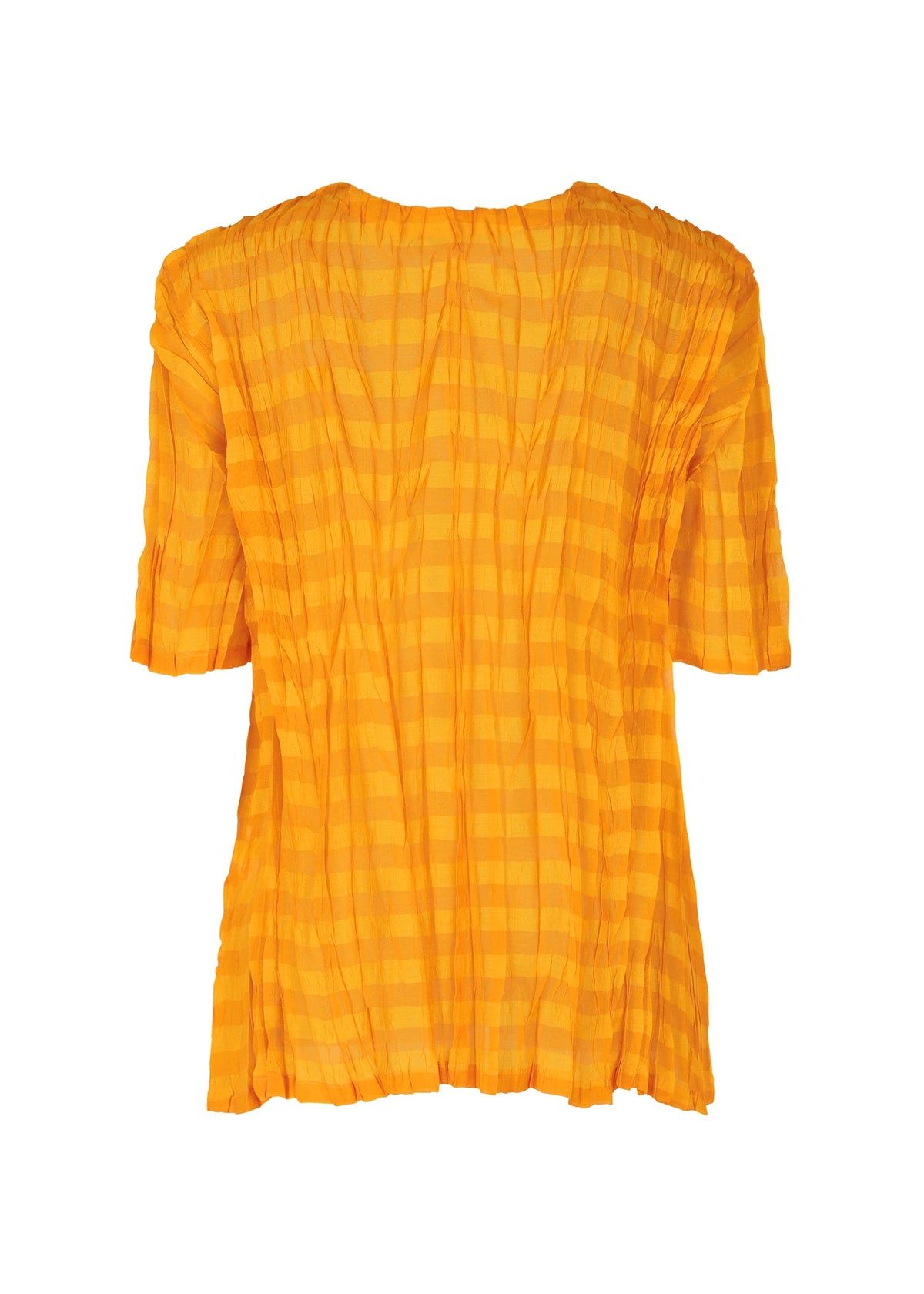The TWISTED BORDER SHIRT by PLEATS PLEASE ISSEY MIYAKE is a short-sleeved, loose-fit sheer lightweight top with a bright yellow-orange checkered pattern and crinkled texture, shown from the back. view 4 of 8