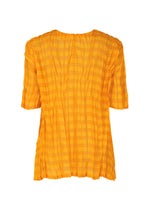 The TWISTED BORDER SHIRT by PLEATS PLEASE ISSEY MIYAKE is a short-sleeved, loose-fit sheer lightweight top with a bright yellow-orange checkered pattern and crinkled texture, shown from the back.
