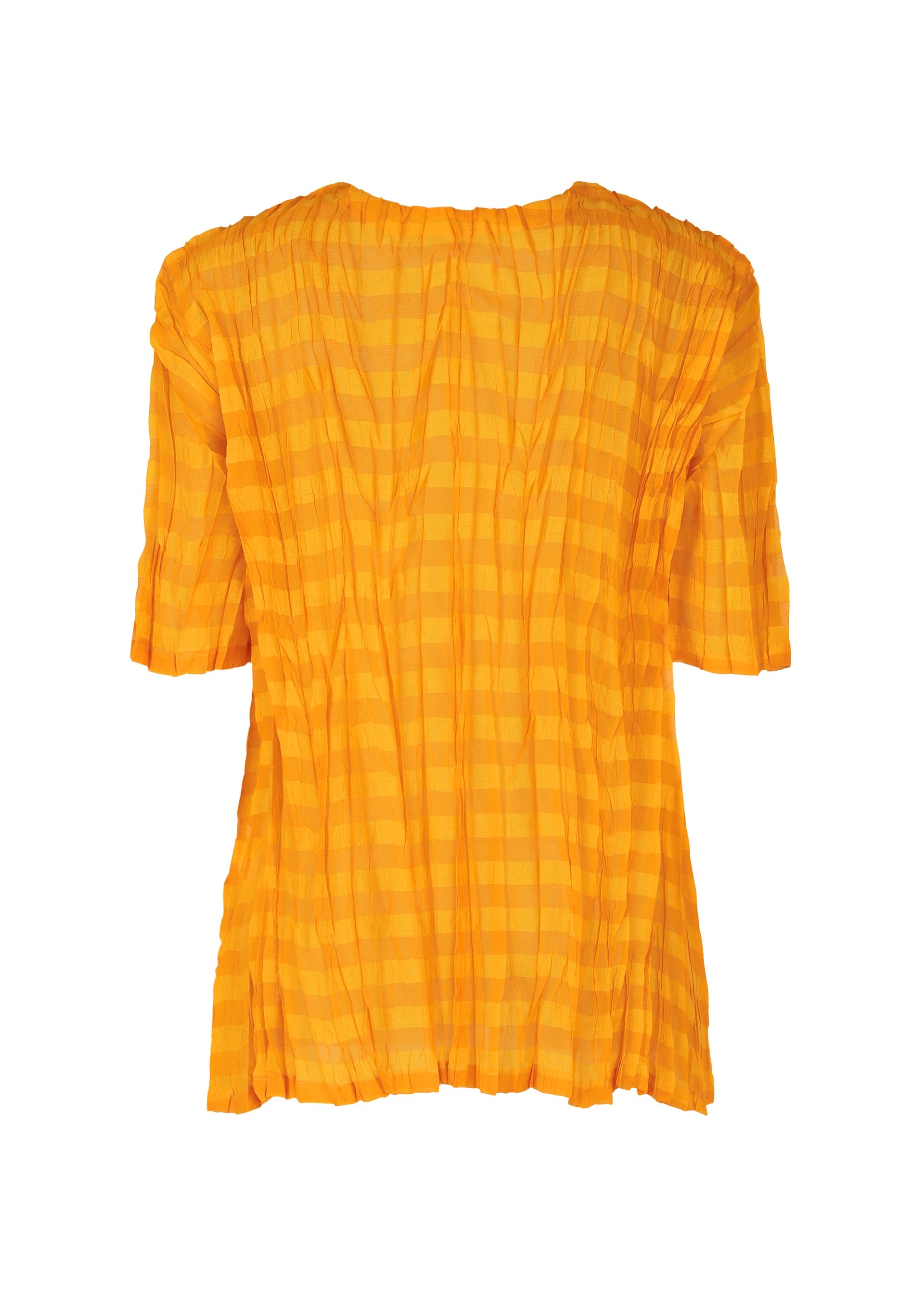 Zoomed view The TWISTED BORDER SHIRT by PLEATS PLEASE ISSEY MIYAKE is a short-sleeved, loose-fit sheer lightweight top with a bright yellow-orange checkered pattern and crinkled texture, shown from the back.