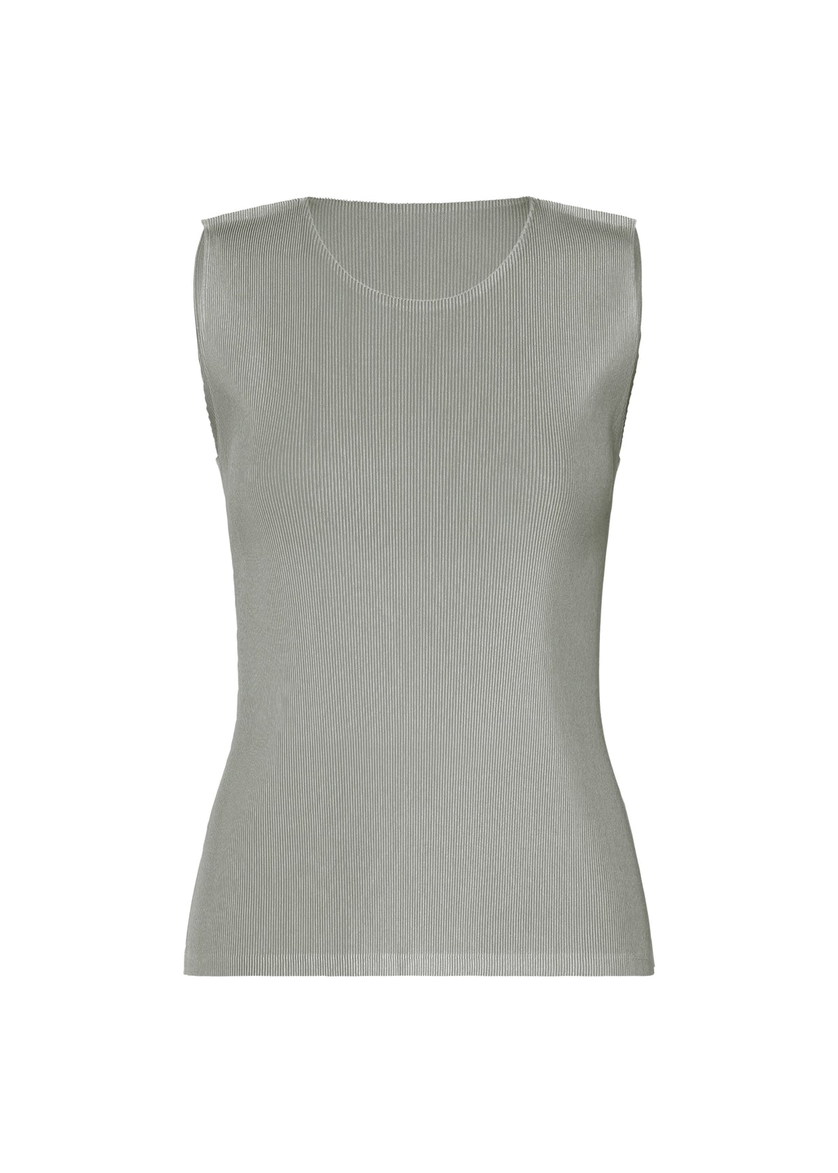 The MIST APRIL tank top by PLEATS PLEASE ISSEY MIYAKE is a sleeveless, light gray ribbed knit with a round neckline, shown against a plain white background. view 1 of 8