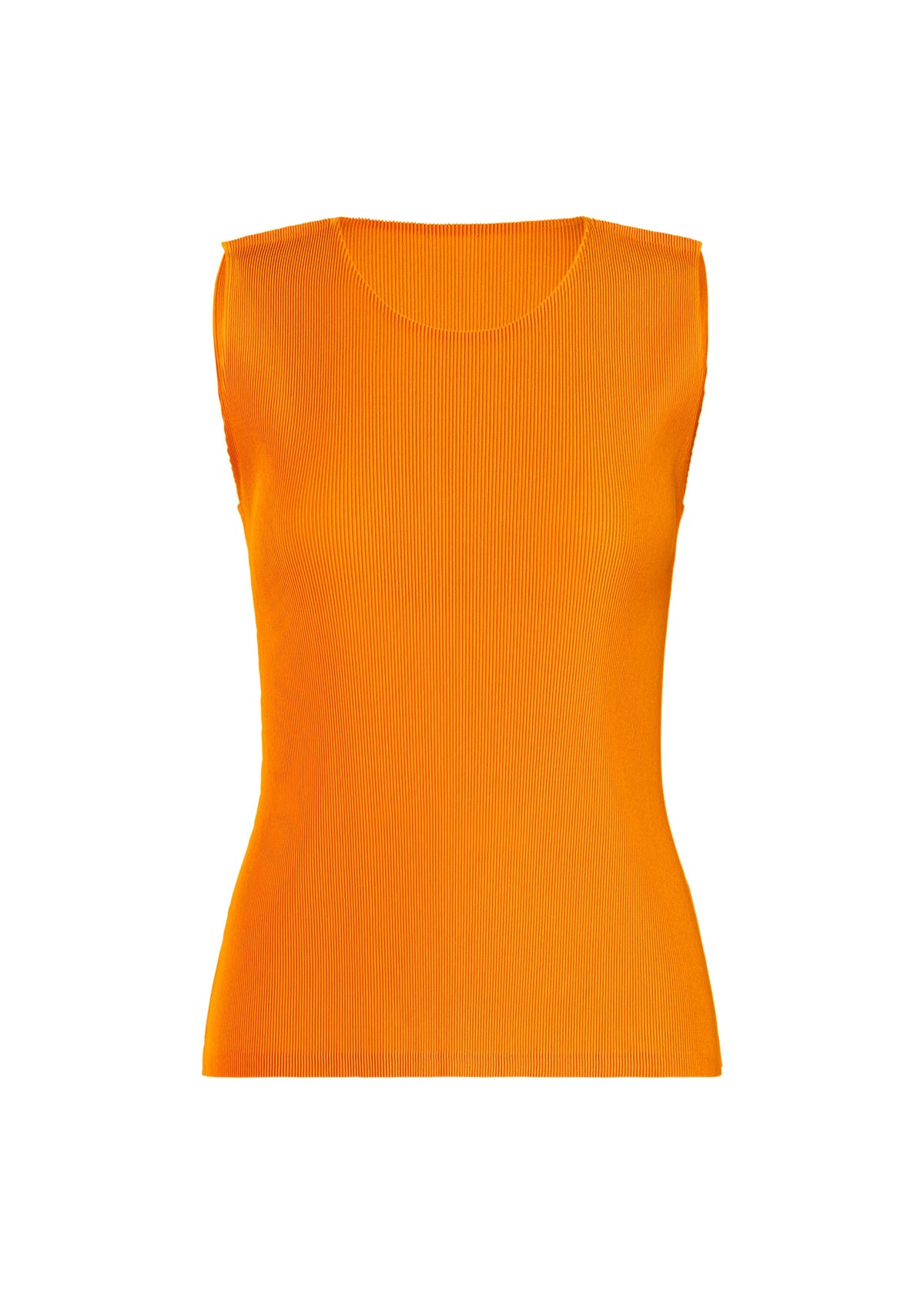 The MIST APRIL by PLEATS PLEASE ISSEY MIYAKE is a sleeveless, fitted orange ribbed lightweight tank top with a round neckline, shown on a plain white background. view 2 of 8