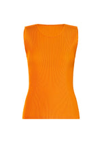The MIST APRIL by PLEATS PLEASE ISSEY MIYAKE is a sleeveless, fitted orange ribbed lightweight tank top with a round neckline, shown on a plain white background. - MANDARIN ORANGE （no.34）