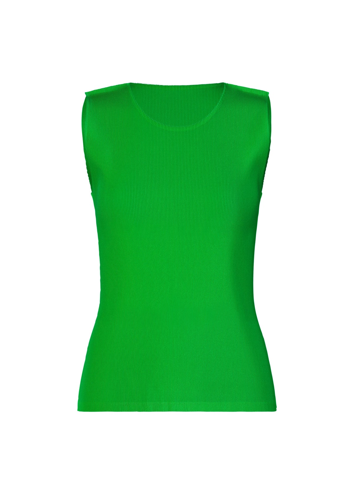 The MIST APRIL by PLEATS PLEASE ISSEY MIYAKE is a sleeveless, fitted bright green ribbed tank top, displayed on a plain white background. view 3 of 8