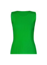The MIST APRIL by PLEATS PLEASE ISSEY MIYAKE is a sleeveless, fitted bright green ribbed tank top, displayed on a plain white background. - GREEN （no.62）