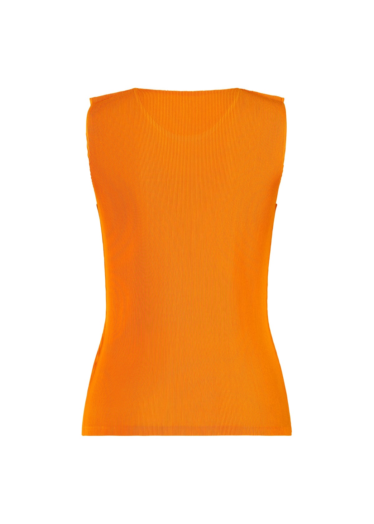 The MIST APRIL tank top by PLEATS PLEASE ISSEY MIYAKE is a sleeveless, fitted orange ribbed piece displayed from the back on a plain white background. view 4 of 8