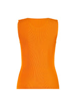 The MIST APRIL tank top by PLEATS PLEASE ISSEY MIYAKE is a sleeveless, fitted orange ribbed piece displayed from the back on a plain white background.