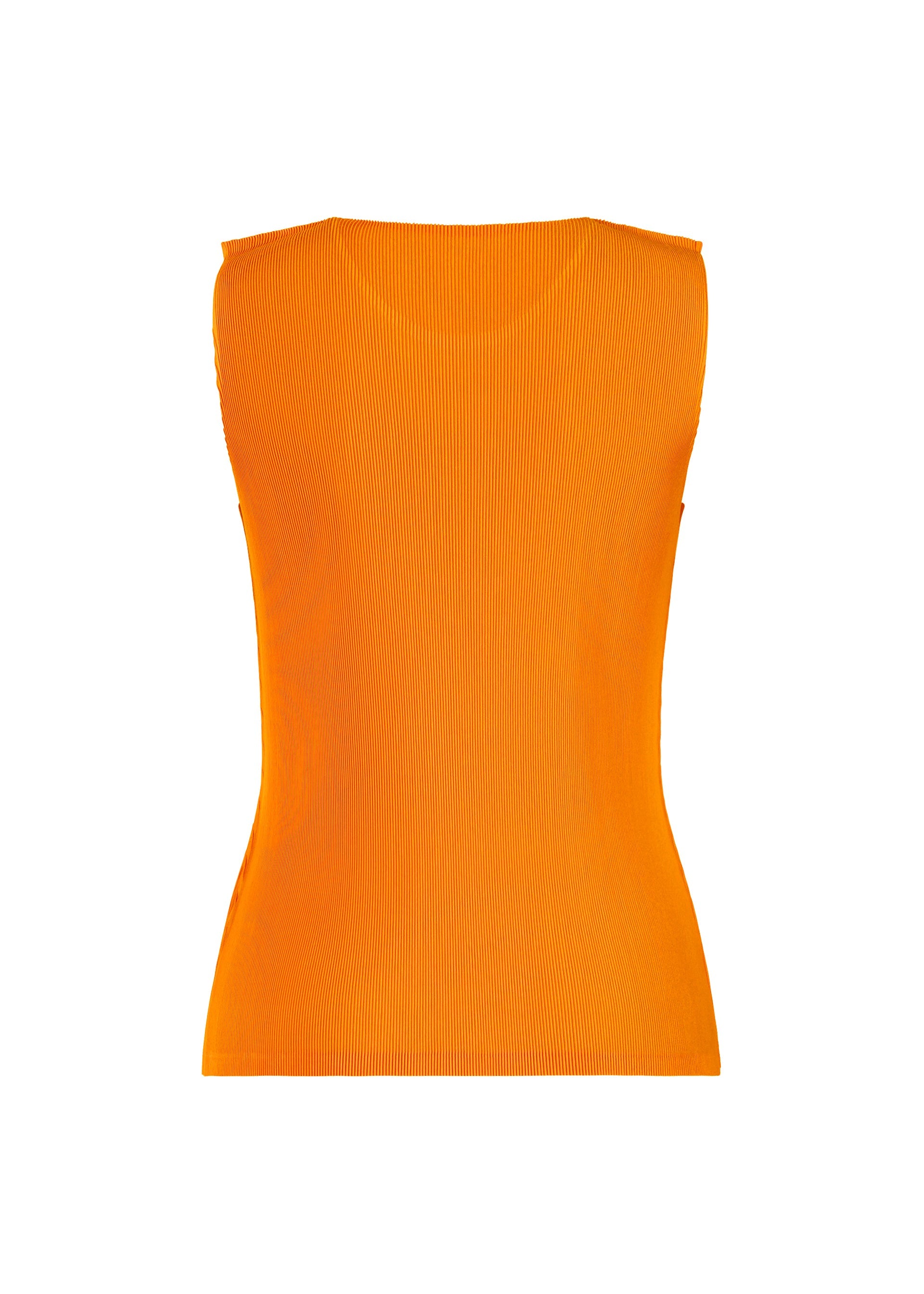 Zoomed view The MIST APRIL tank top by PLEATS PLEASE ISSEY MIYAKE is a sleeveless, fitted orange ribbed piece displayed from the back on a plain white background.