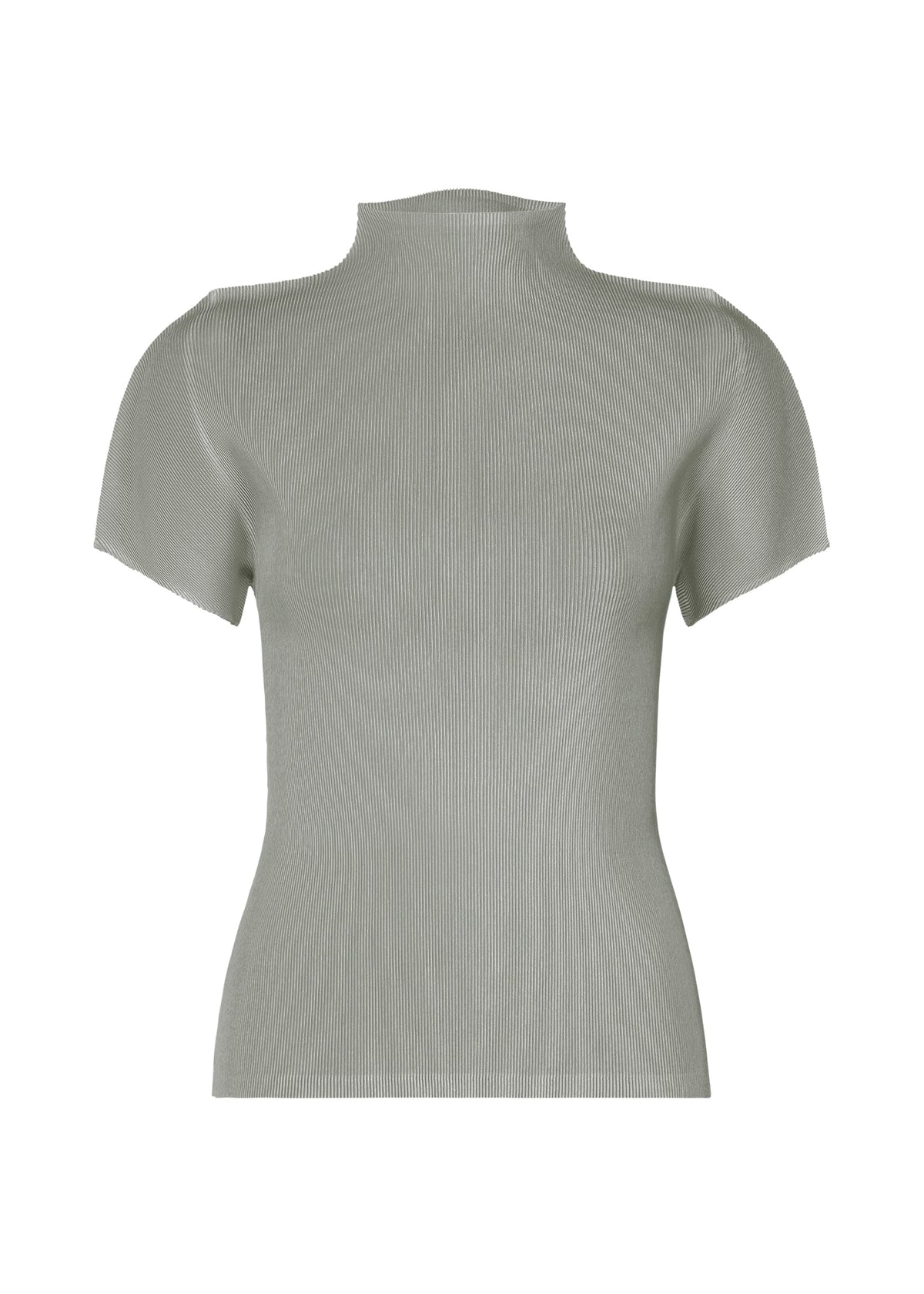 The MIST APRIL top by PLEATS PLEASE ISSEY MIYAKE is a light grey, short-sleeved, ribbed-knit high-neck style with a fitted silhouette, shown against a plain white background. view 1 of 8