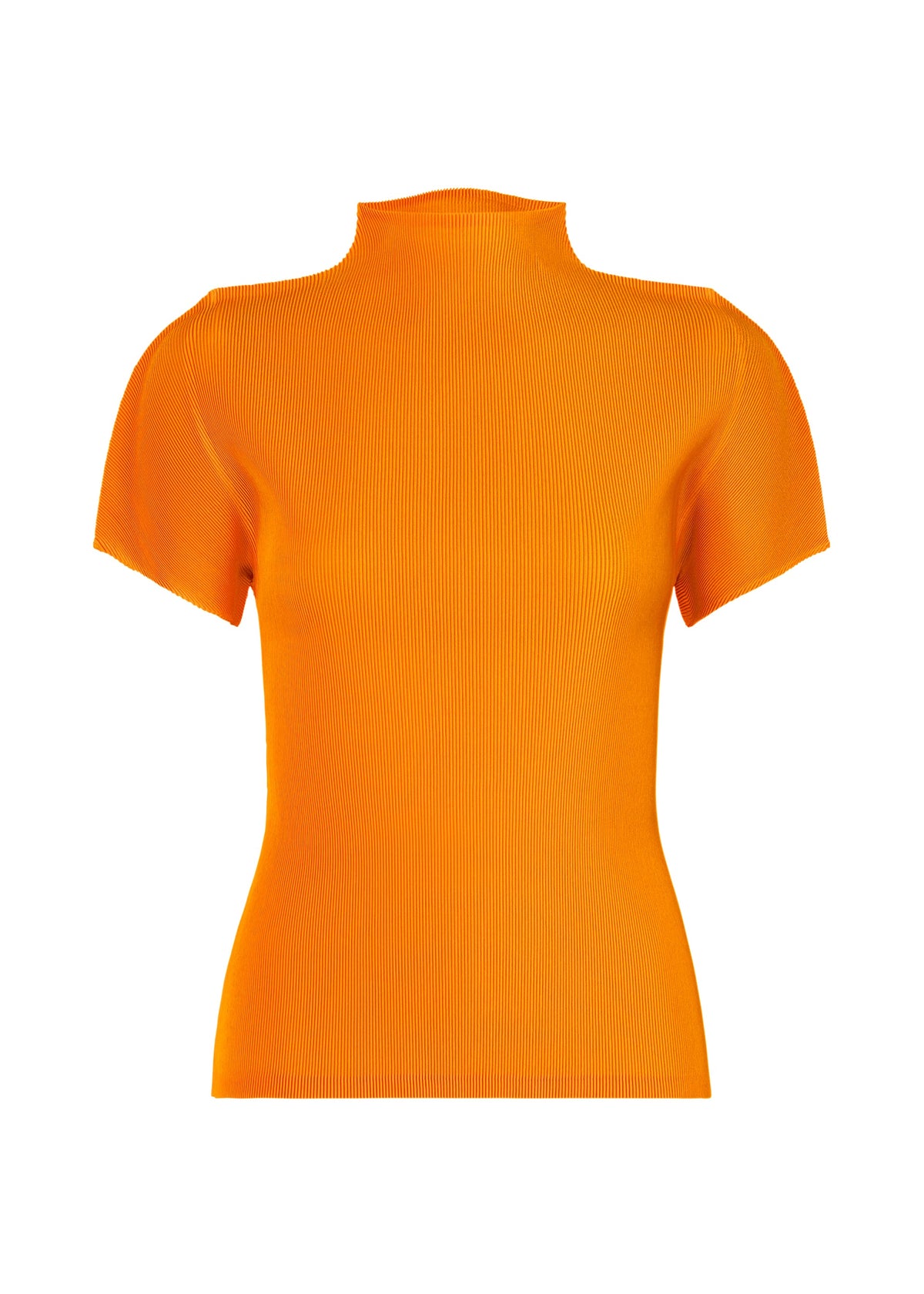 The MIST APRIL top by PLEATS PLEASE ISSEY MIYAKE is a bright orange, short-sleeved, fitted ribbed high-neck style with a mock neck, shown on a plain white background. view 2 of 8