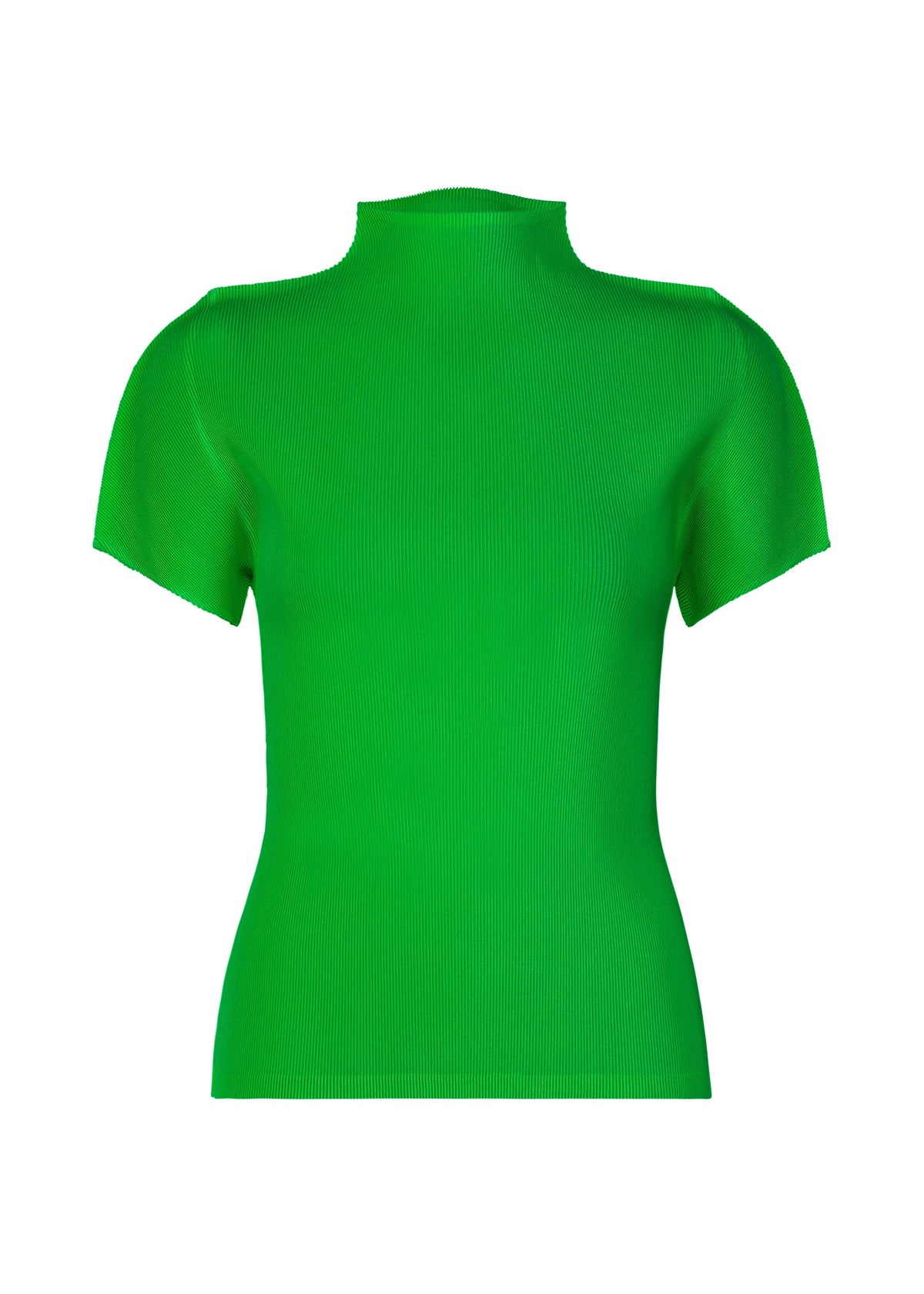 The MIST APRIL by PLEATS PLEASE ISSEY MIYAKE is a bright green, short-sleeved fitted ribbed knit top with a mock neck, shown against a plain white background. view 3 of 8