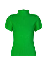 The MIST APRIL by PLEATS PLEASE ISSEY MIYAKE is a bright green, short-sleeved fitted ribbed knit top with a mock neck, shown against a plain white background. - GREEN （no.62）