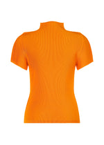 The MIST APRIL top by PLEATS PLEASE ISSEY MIYAKE is a bright orange, short-sleeved ribbed knit with a fitted silhouette and mock neck, shown from the back against a white background.
