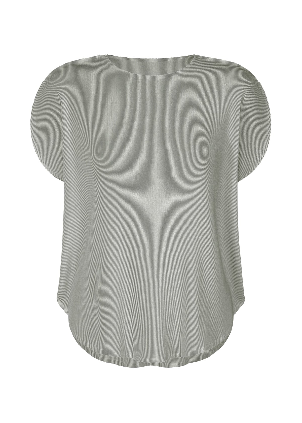 The MIST APRIL top by PLEATS PLEASE ISSEY MIYAKE is a light gray, short-sleeved pleated blouse with a round neckline, relaxed fit, and subtly textured soft fabric, shown against a white background. view 1 of 8