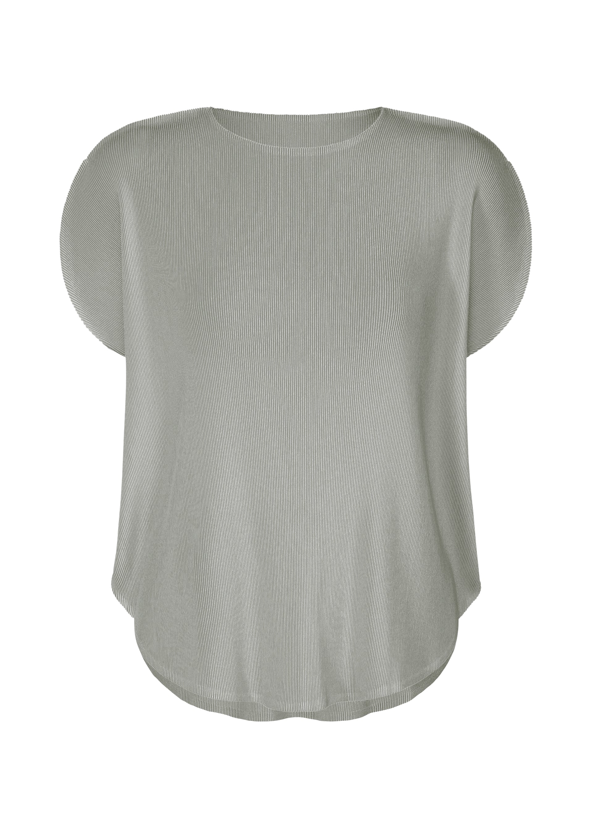 Zoomed view The MIST APRIL top by PLEATS PLEASE ISSEY MIYAKE is a light gray, short-sleeved pleated blouse with a round neckline, relaxed fit, and subtly textured soft fabric, shown against a white background. - COOL GRAY （no.11）