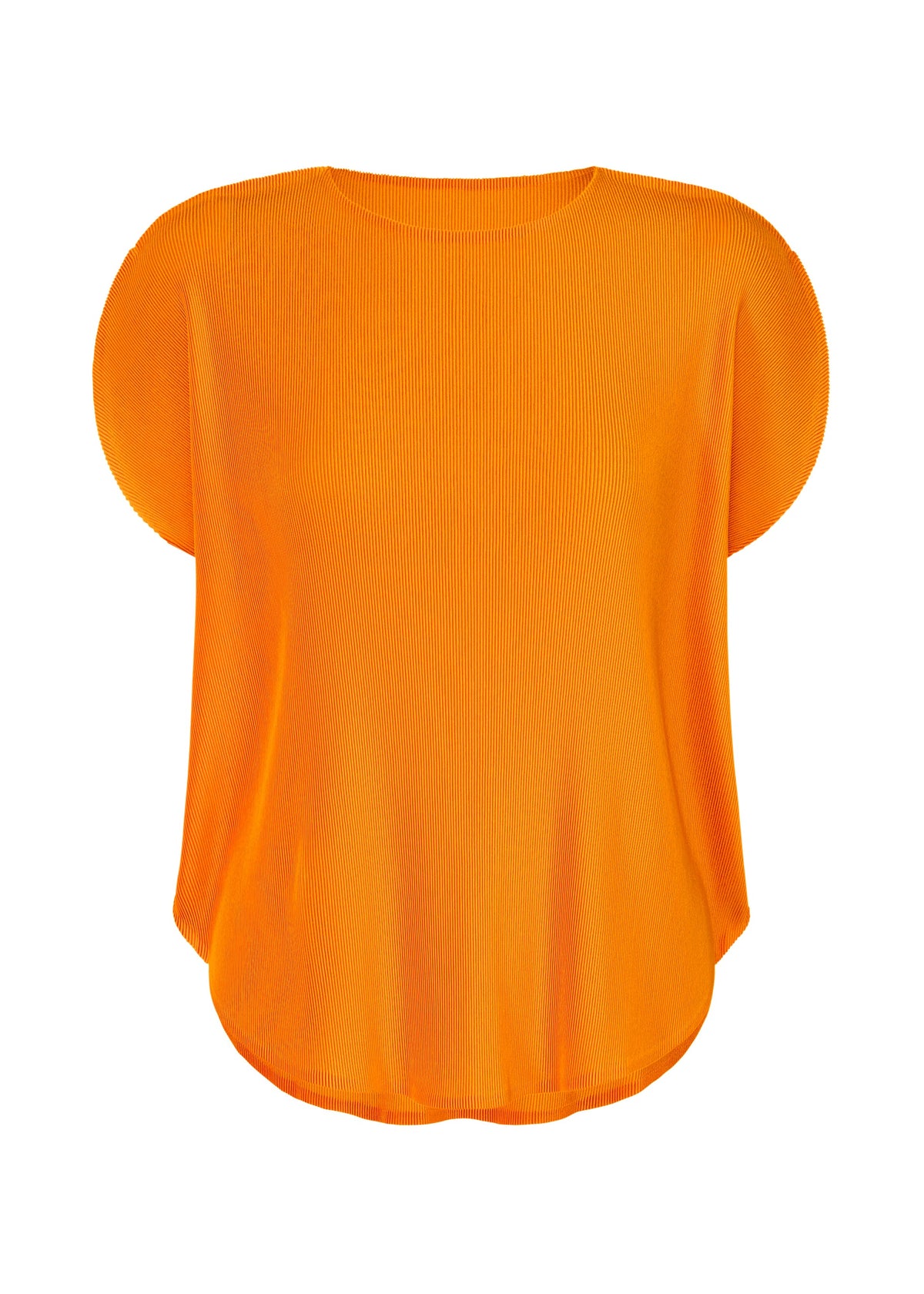 The MIST APRIL by PLEATS PLEASE ISSEY MIYAKE is a bright orange, short-sleeved blouse with a round neckline, soft 1-mm pleats, and oversized sleeves for an effortlessly stylish look. view 2 of 8