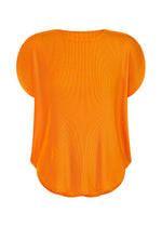 The MIST APRIL by PLEATS PLEASE ISSEY MIYAKE is a bright orange, short-sleeved blouse with a round neckline, soft 1-mm pleats, and oversized sleeves for an effortlessly stylish look. - MANDARIN ORANGE （no.34）
