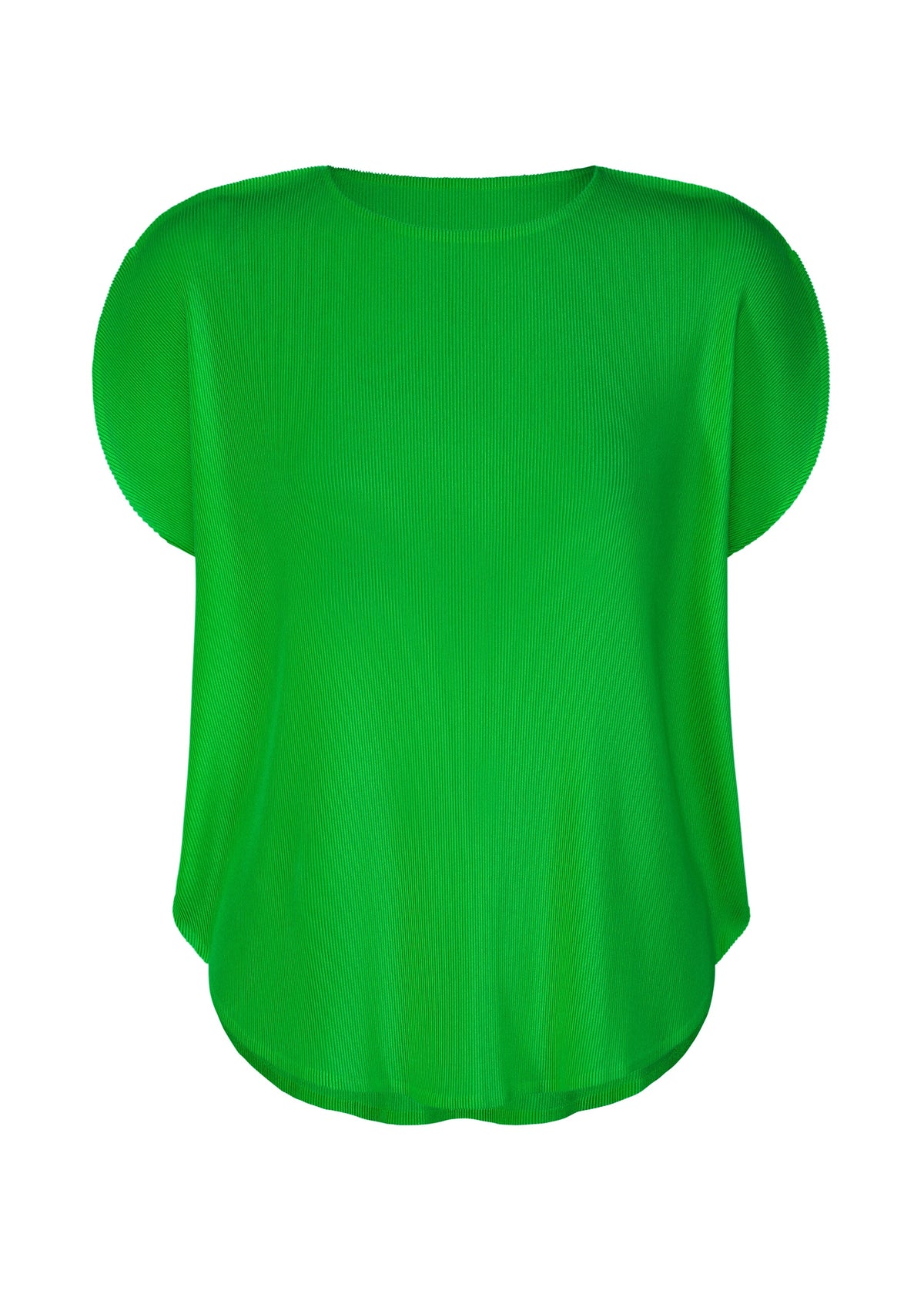 The MIST APRIL top by PLEATS PLEASE ISSEY MIYAKE features a bright green hue, soft pleats, ribbed texture, loose fit, round neckline, and slightly curved hem, shown against a plain white background. view 3 of 8