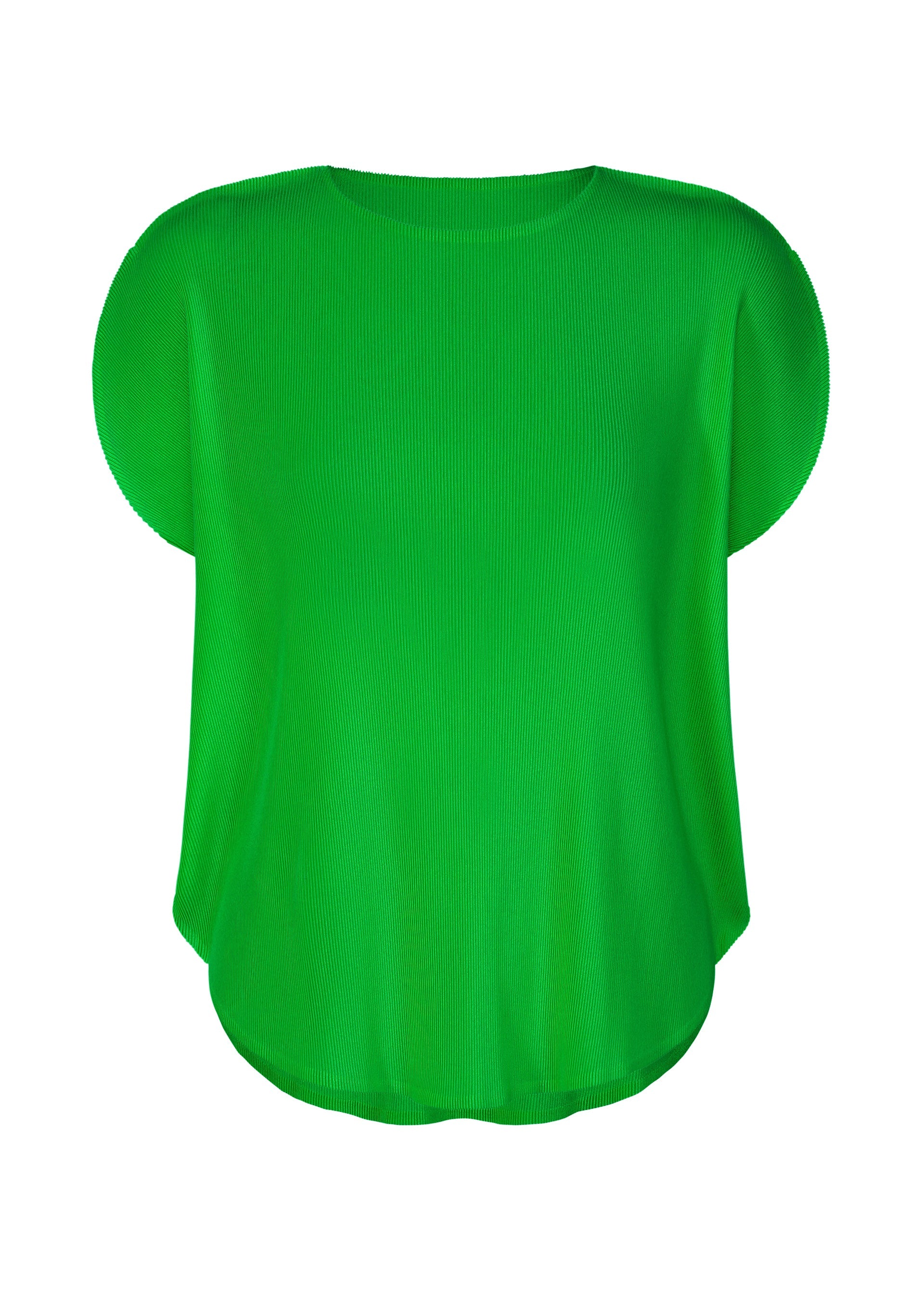 Zoomed view The MIST APRIL top by PLEATS PLEASE ISSEY MIYAKE features a bright green hue, soft pleats, ribbed texture, loose fit, round neckline, and slightly curved hem, shown against a plain white background. - GREEN （no.62）