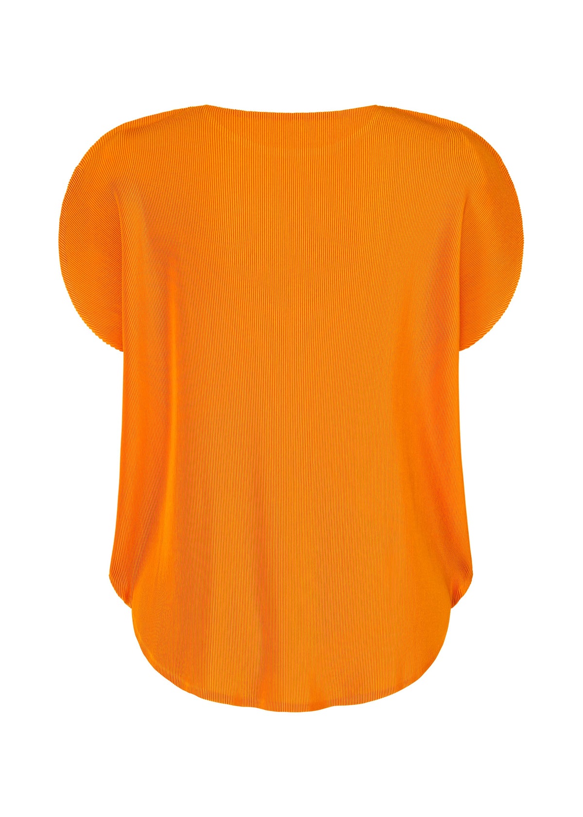 The MIST APRIL top by PLEATS PLEASE ISSEY MIYAKE is a bright orange, lightweight short-sleeve circle top with a loose fit and rounded hem, shown from the back on a plain white background. view 4 of 8