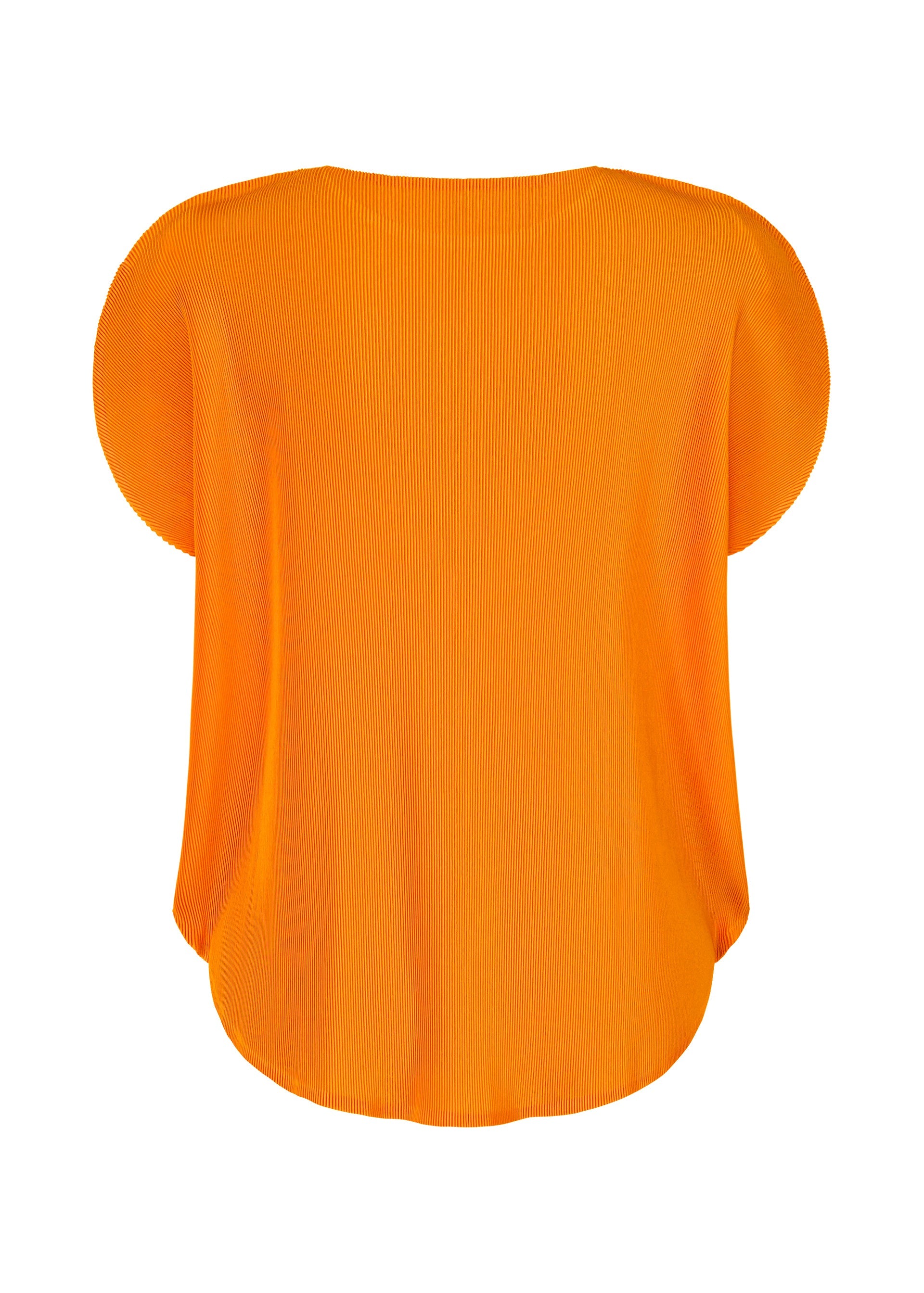 Zoomed view The MIST APRIL top by PLEATS PLEASE ISSEY MIYAKE is a bright orange, lightweight short-sleeve circle top with a loose fit and rounded hem, shown from the back on a plain white background.