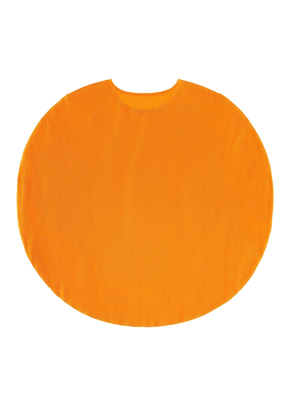 The MIST APRIL bib by PLEATS PLEASE ISSEY MIYAKE is orange and oval-shaped with a soft pleated top and neck opening, shown laid flat on a white background. view 5 of 8