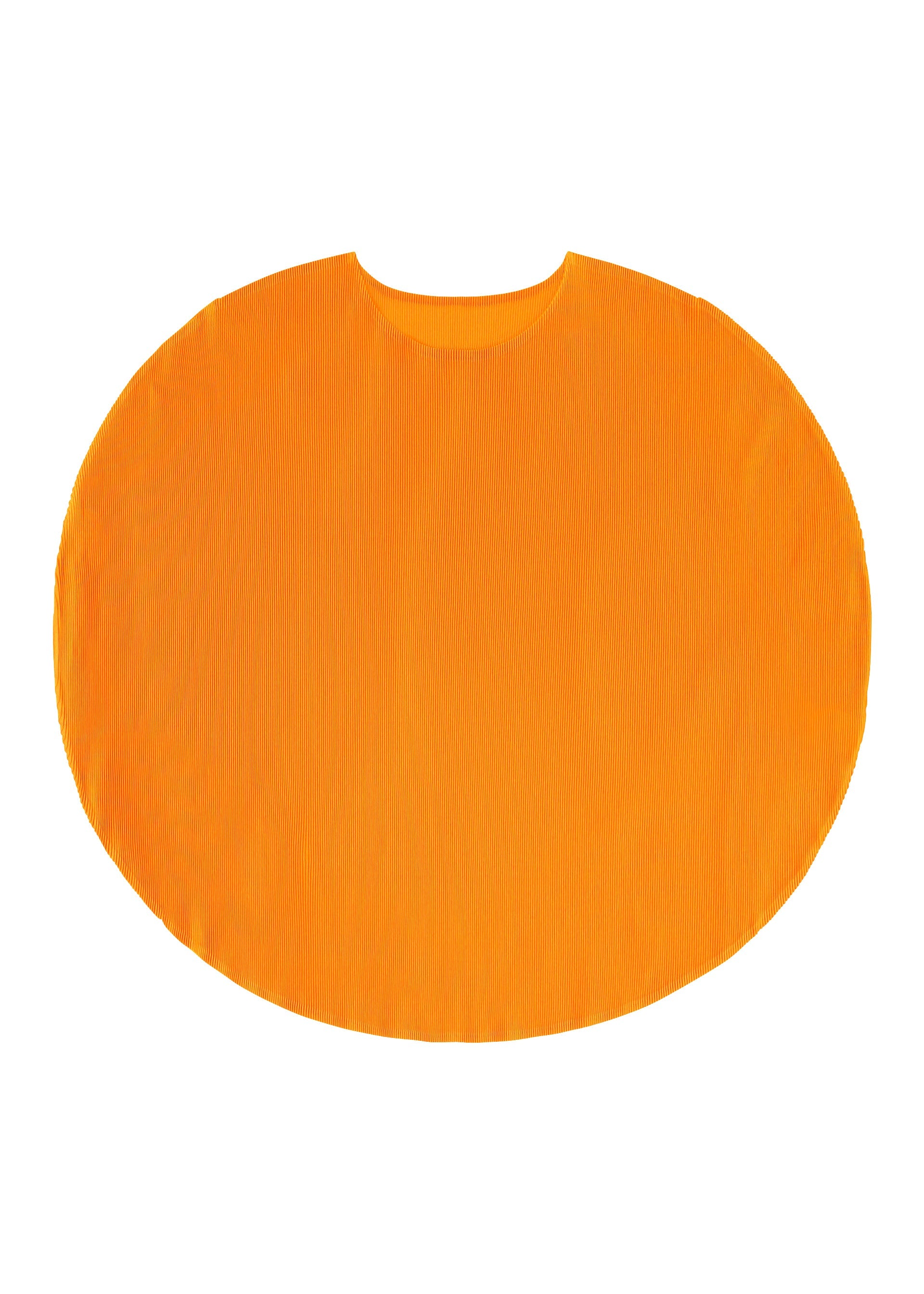 Zoomed view The MIST APRIL bib by PLEATS PLEASE ISSEY MIYAKE is orange and oval-shaped with a soft pleated top and neck opening, shown laid flat on a white background.