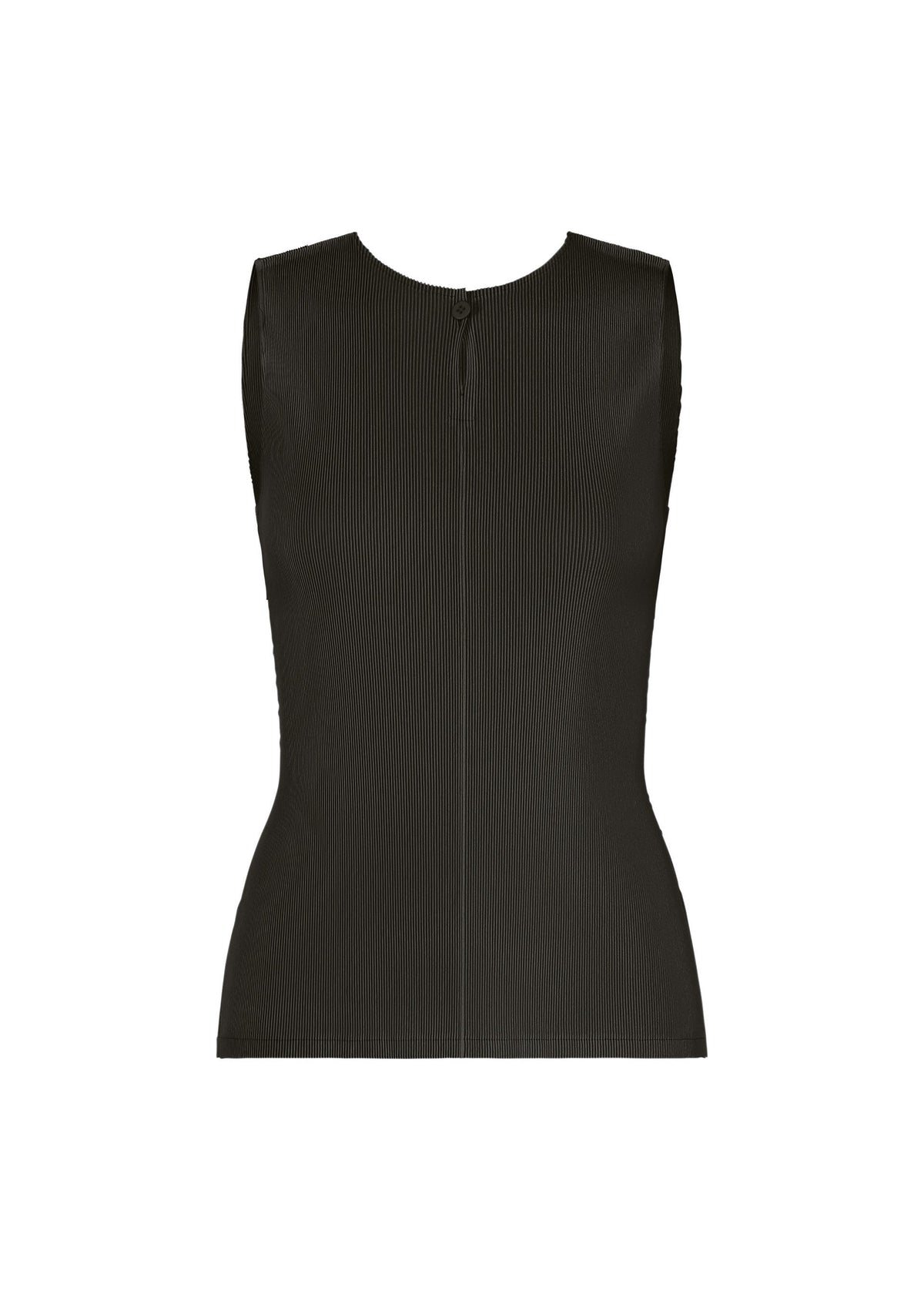 The MIST JUNE tank top by PLEATS PLEASE ISSEY MIYAKE is sleeveless, black, fitted, and lightweight with a round neckline and subtle vertical texture, shown on a plain white background. view 1 of 7