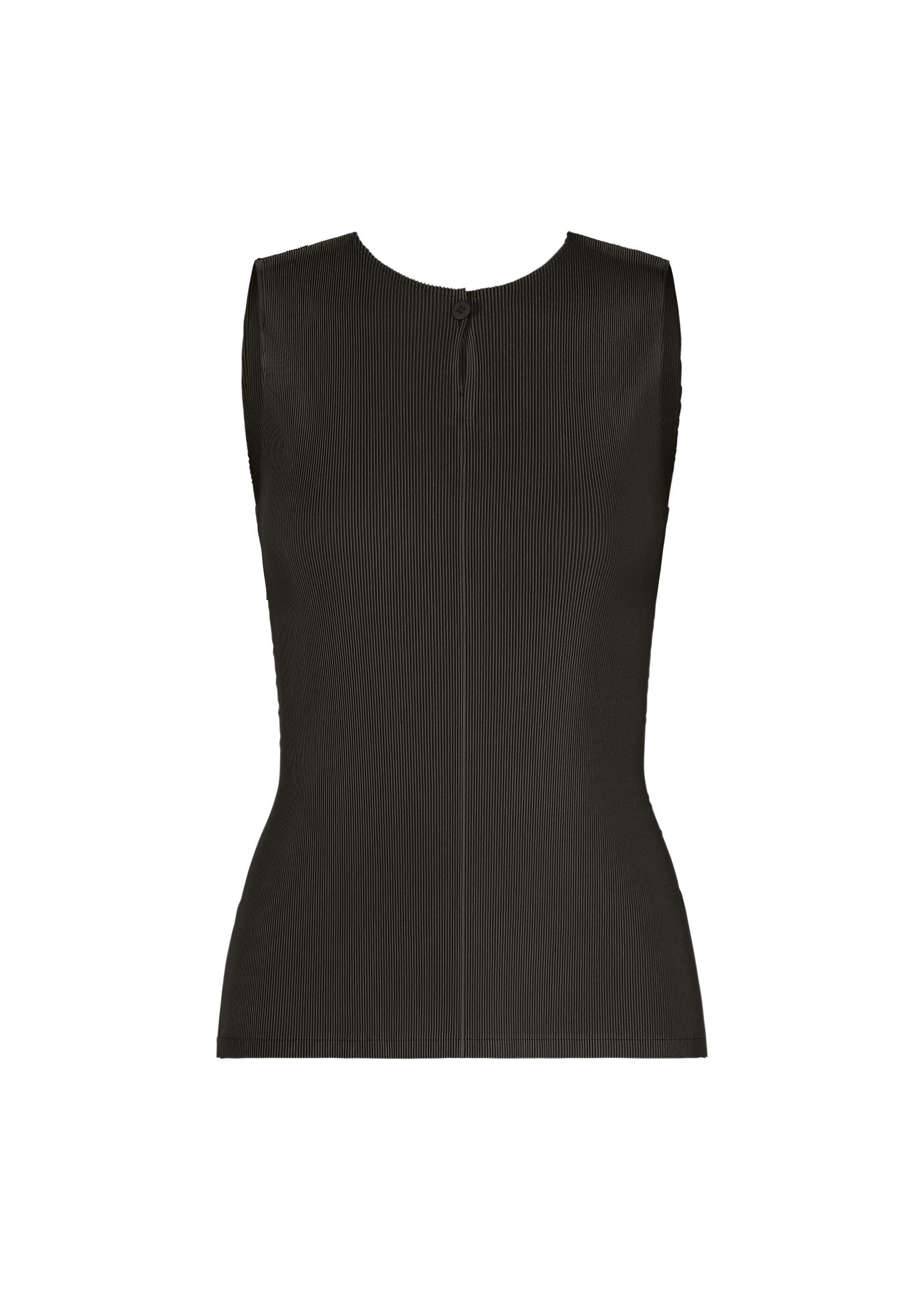Zoomed view The MIST JUNE tank top by PLEATS PLEASE ISSEY MIYAKE is sleeveless, black, fitted, and lightweight with a round neckline and subtle vertical texture, shown on a plain white background. - CHARCOAL （no.17）