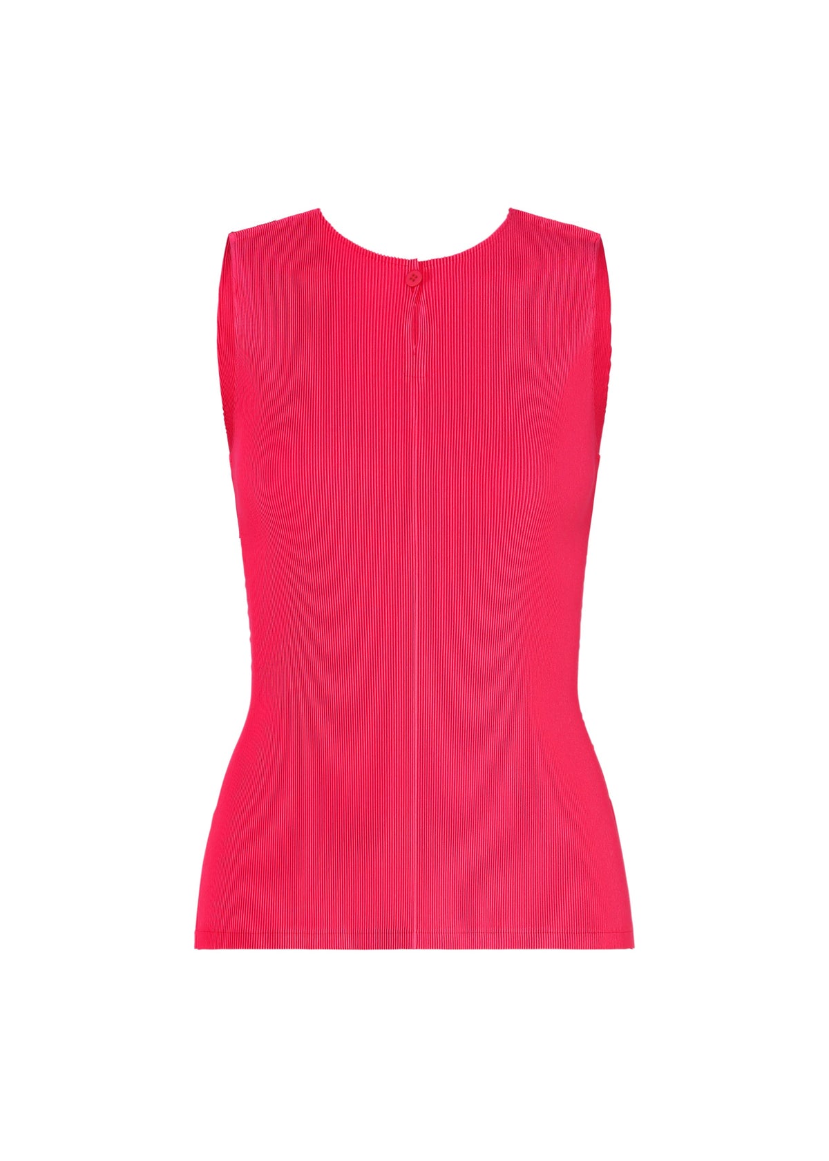 The MIST JUNE tank top by PLEATS PLEASE ISSEY MIYAKE is sleeveless, form-fitting, and bright pink with a round neckline. Shown on a white background, its lightweight fabric features fine pleats in a subtle vertical pattern. view 2 of 7
