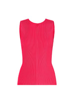 The MIST JUNE tank top by PLEATS PLEASE ISSEY MIYAKE is sleeveless, form-fitting, and bright pink with a round neckline. Shown on a white background, its lightweight fabric features fine pleats in a subtle vertical pattern. - BRIGHT PINK （no.26）