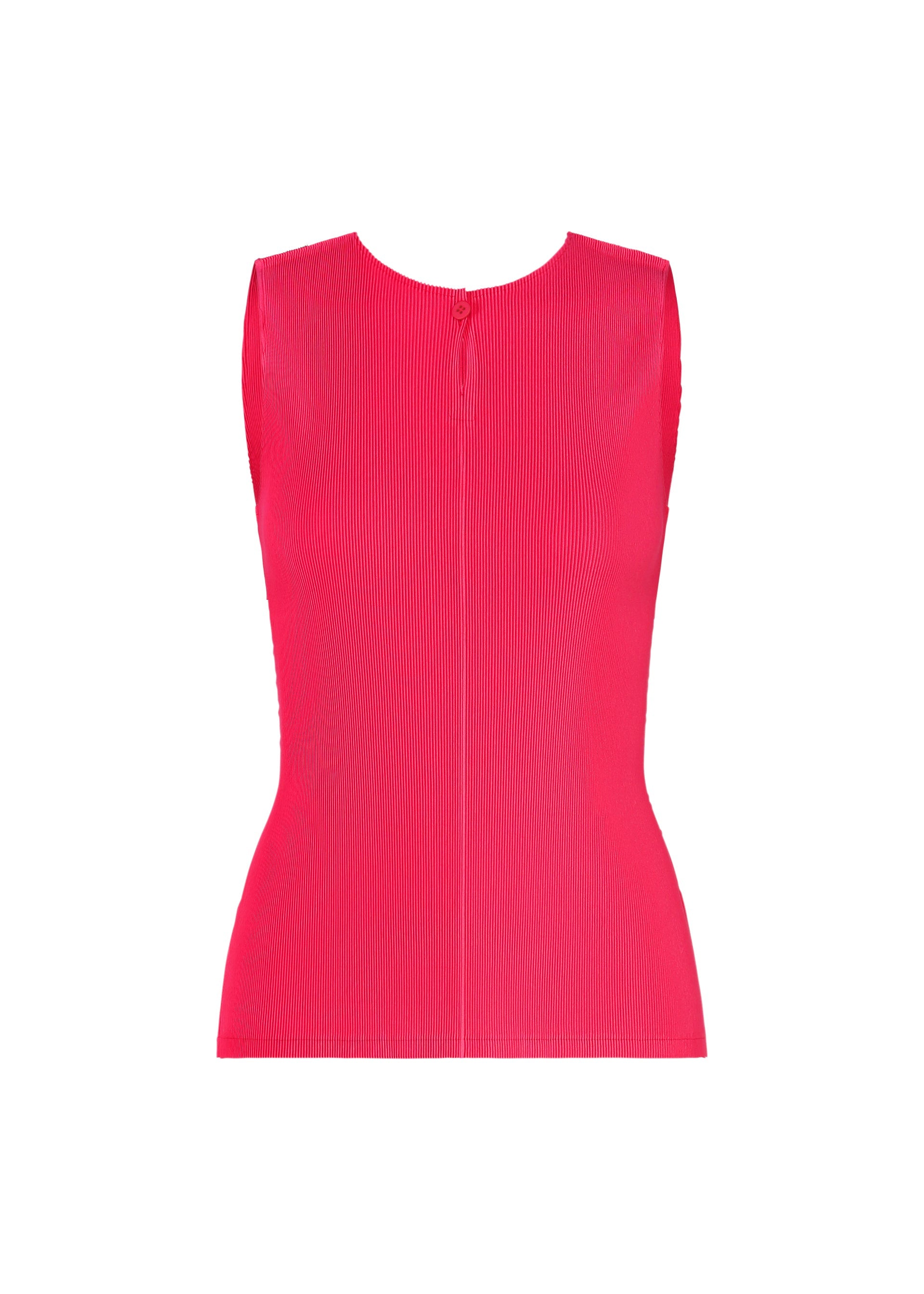 Zoomed view The MIST JUNE tank top by PLEATS PLEASE ISSEY MIYAKE is sleeveless, form-fitting, and bright pink with a round neckline. Shown on a white background, its lightweight fabric features fine pleats in a subtle vertical pattern. - BRIGHT PINK （no.26）