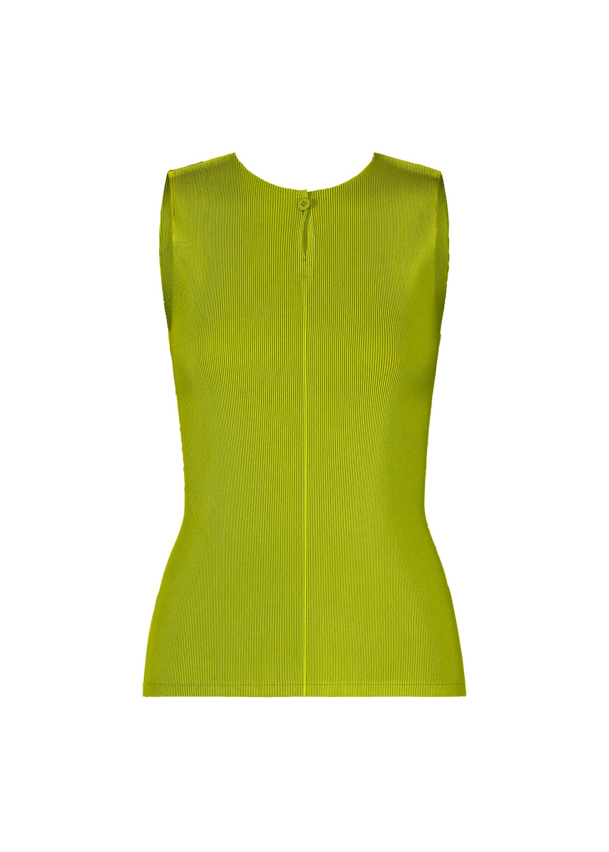 The MIST JUNE tank top by PLEATS PLEASE ISSEY MIYAKE features a sleeveless, round-neck design in bright yellow-green with subtle vertical ribbed texture and fine pleats, shown against a white background. view 3 of 7