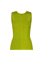 The MIST JUNE tank top by PLEATS PLEASE ISSEY MIYAKE features a sleeveless, round-neck design in bright yellow-green with subtle vertical ribbed texture and fine pleats, shown against a white background. - YELLOW GREEN （no.64）