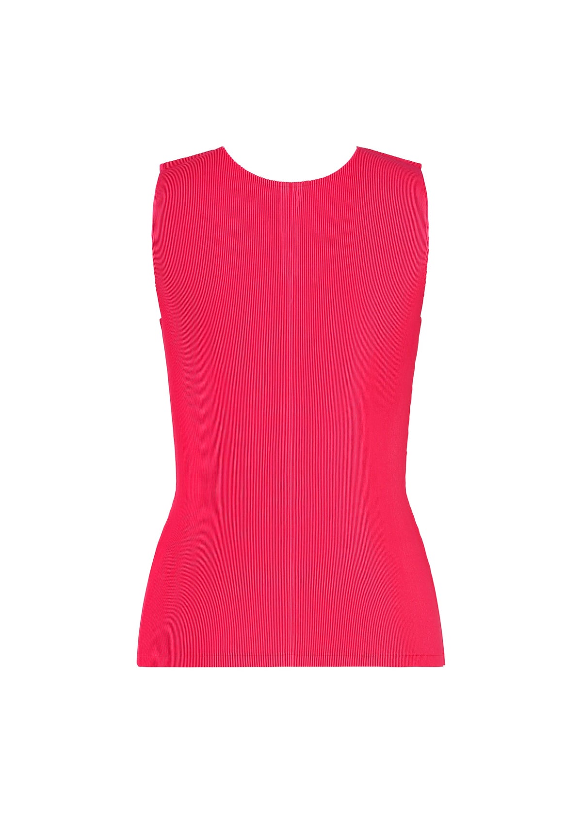 The MIST JUNE tank top by PLEATS PLEASE ISSEY MIYAKE is a sleeveless, fitted, bright pink piece with a crew neckline and fine pleats creating vertical lines. Displayed against a white background, the material appears textured and lightweight. view 4 of 7