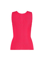 The MIST JUNE tank top by PLEATS PLEASE ISSEY MIYAKE is a sleeveless, fitted, bright pink piece with a crew neckline and fine pleats creating vertical lines. Displayed against a white background, the material appears textured and lightweight.