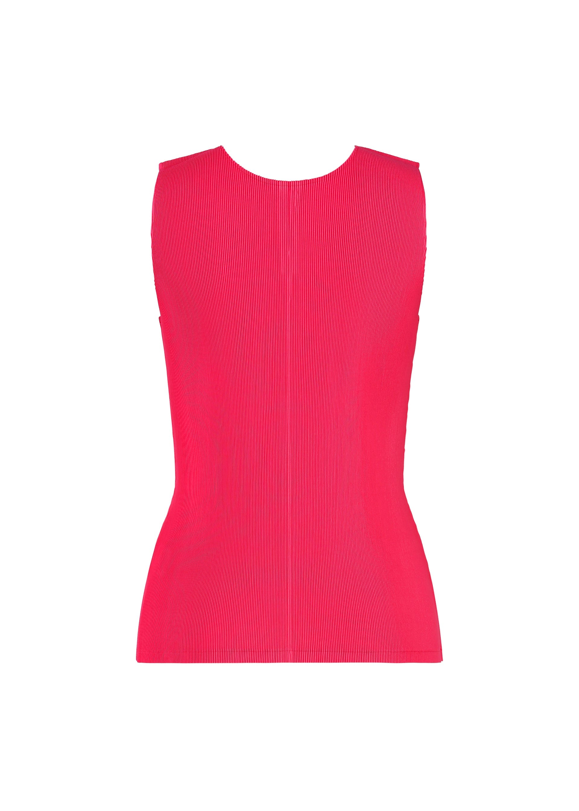 Zoomed view The MIST JUNE tank top by PLEATS PLEASE ISSEY MIYAKE is a sleeveless, fitted, bright pink piece with a crew neckline and fine pleats creating vertical lines. Displayed against a white background, the material appears textured and lightweight.