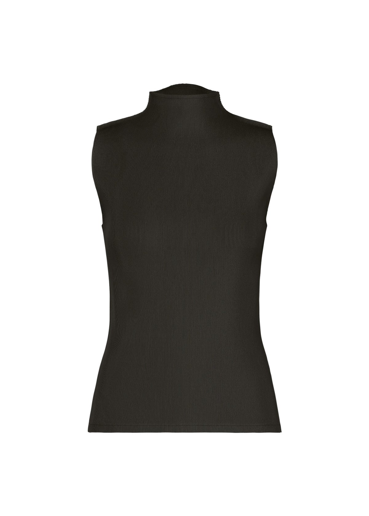 The MIST JUNE sleeveless black high-neck top by PLEATS PLEASE ISSEY MIYAKE is shown against a plain white background, featuring lightweight fitted fabric with fine pleats and a minimalist design. view 1 of 7