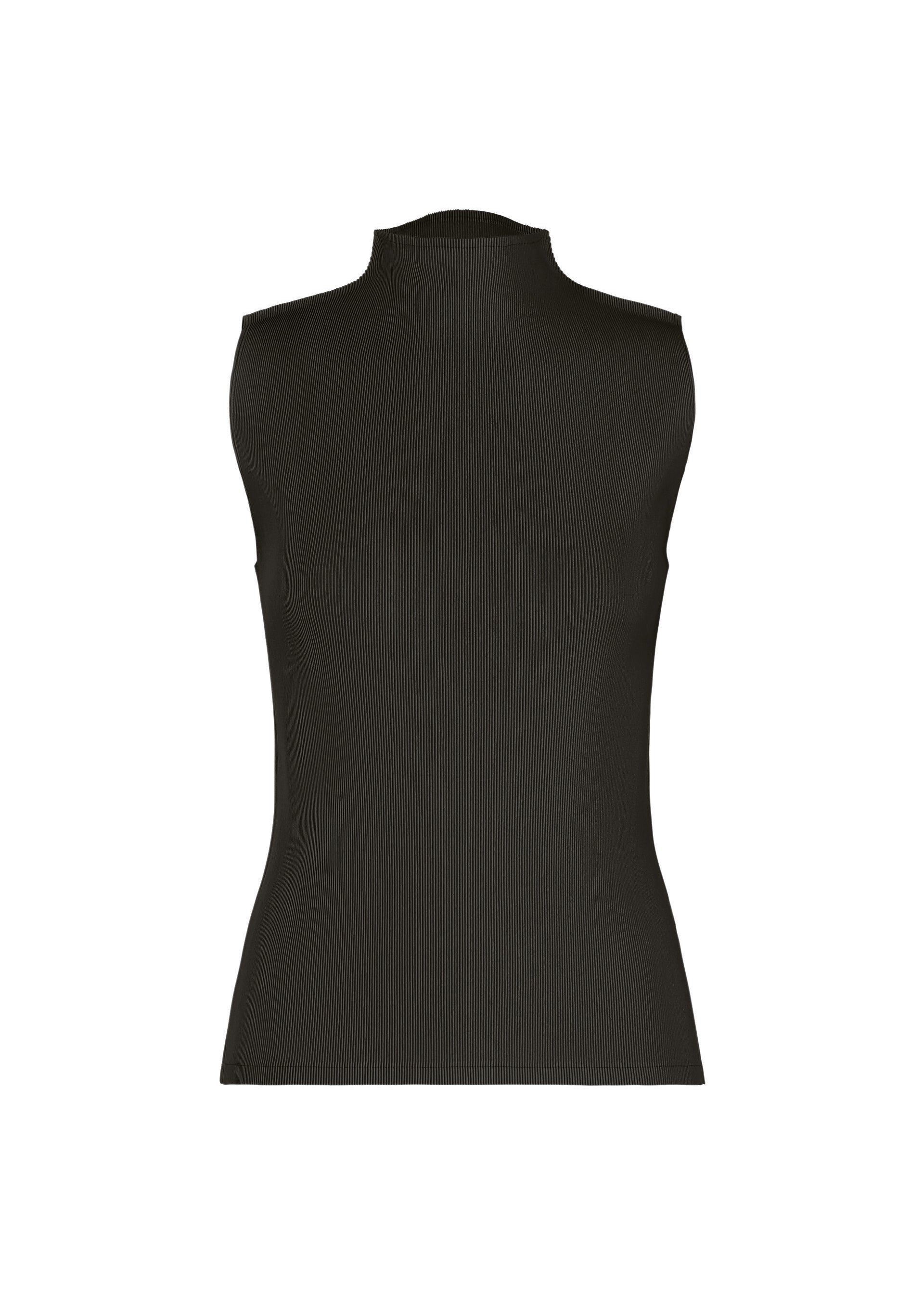 Zoomed view The MIST JUNE sleeveless black high-neck top by PLEATS PLEASE ISSEY MIYAKE is shown against a plain white background, featuring lightweight fitted fabric with fine pleats and a minimalist design. - CHARCOAL （no.17）