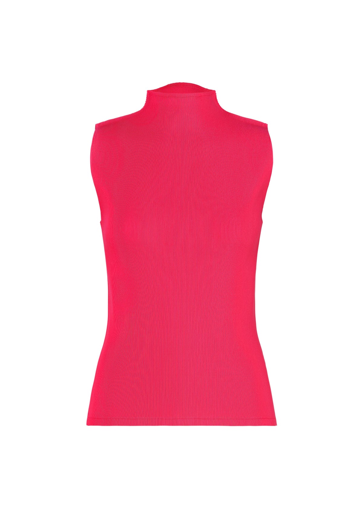 The MIST JUNE high-neck sleeveless top by PLEATS PLEASE ISSEY MIYAKE in bright pink features ribbed, stretchy pleated fabric for comfort and style, displayed against a plain white background. view 2 of 7
