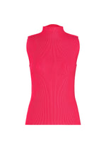 The MIST JUNE high-neck sleeveless top by PLEATS PLEASE ISSEY MIYAKE in bright pink features ribbed, stretchy pleated fabric for comfort and style, displayed against a plain white background. - BRIGHT PINK （no.26）