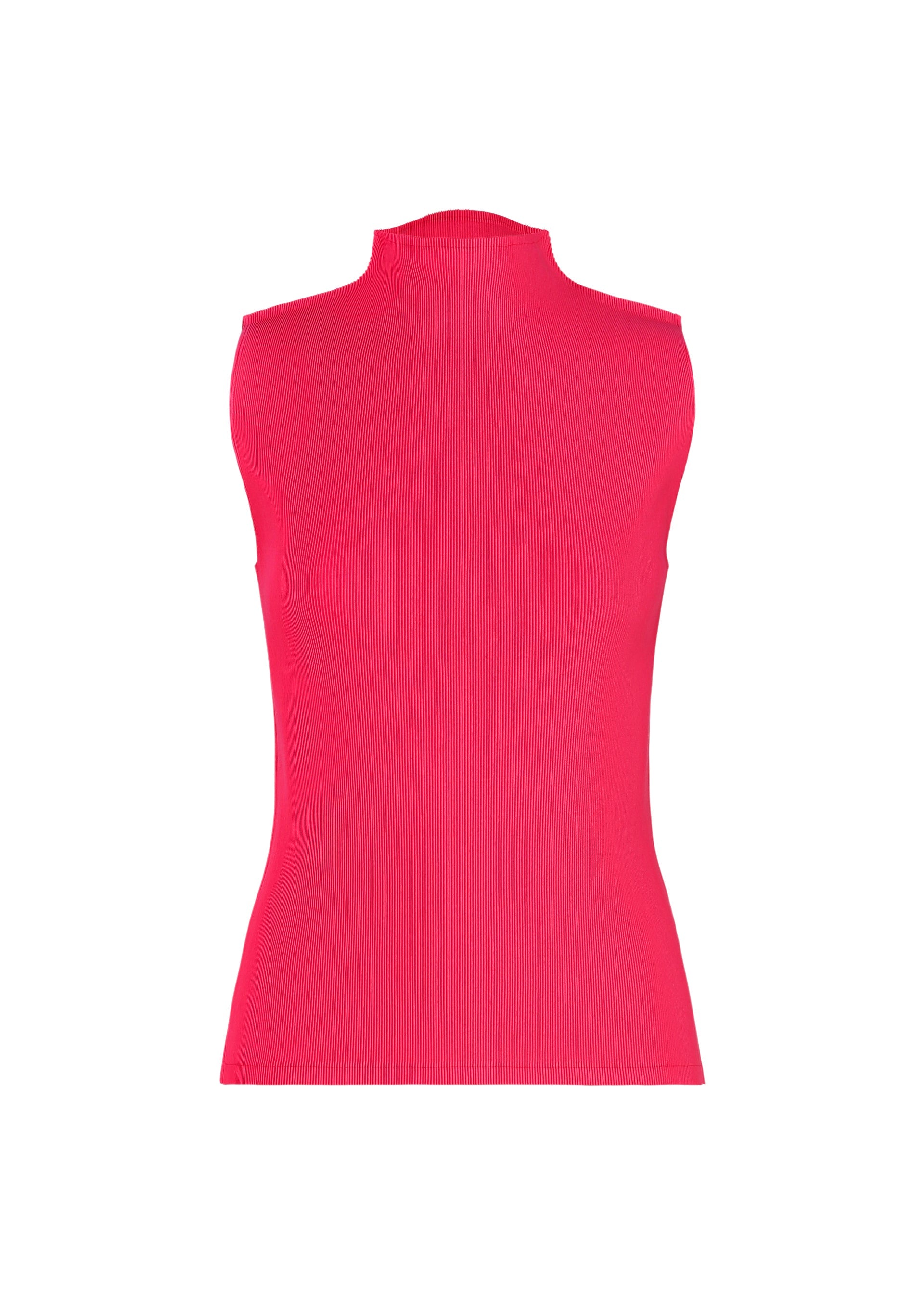 Zoomed view The MIST JUNE high-neck sleeveless top by PLEATS PLEASE ISSEY MIYAKE in bright pink features ribbed, stretchy pleated fabric for comfort and style, displayed against a plain white background. - BRIGHT PINK （no.26）