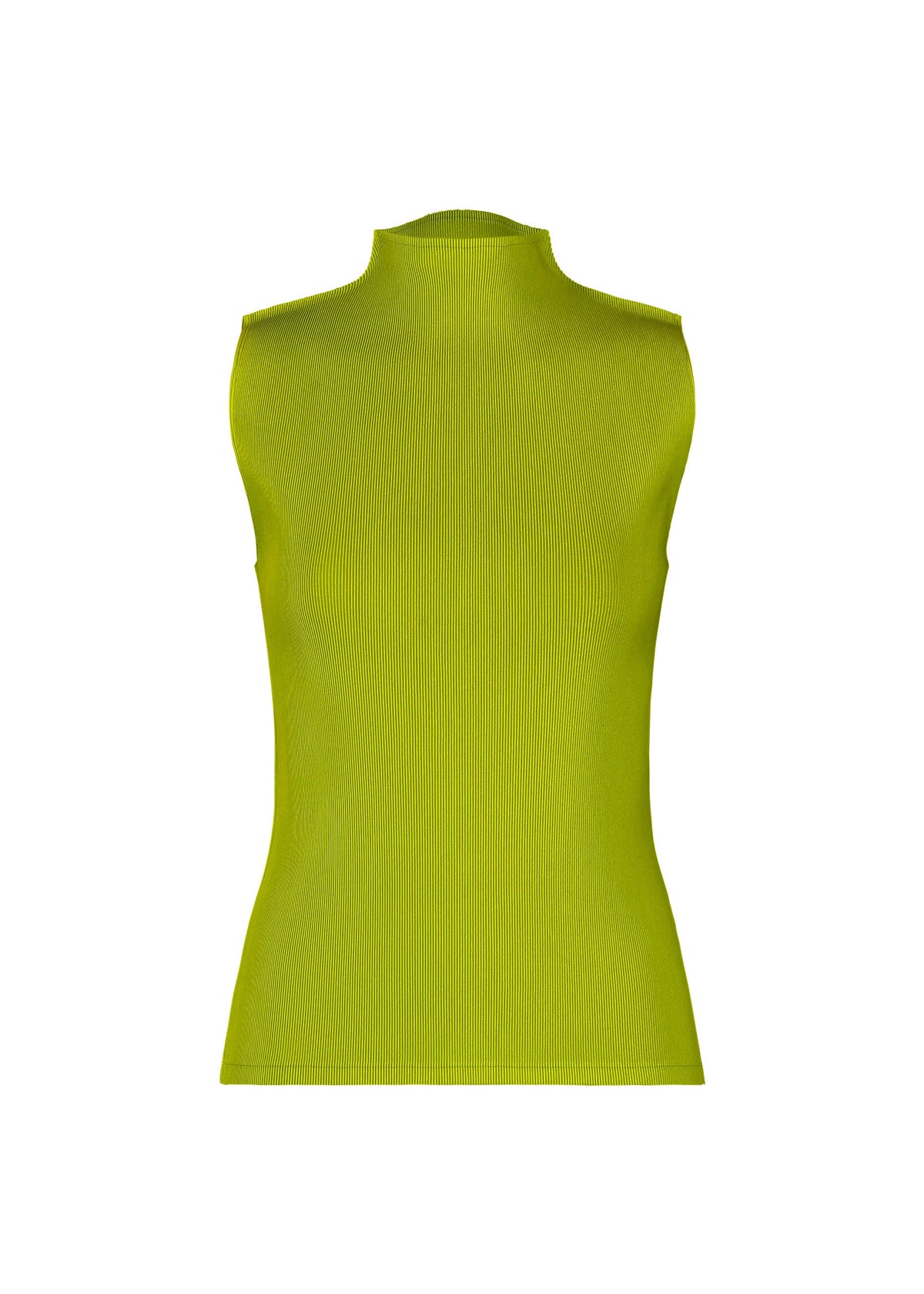 The MIST JUNE top by PLEATS PLEASE ISSEY MIYAKE is a lightweight, fitted lime green high-neck sleeveless piece featuring a ribbed texture and fine pleats, shown against a plain white background. view 3 of 7