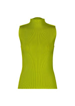 The MIST JUNE top by PLEATS PLEASE ISSEY MIYAKE is a lightweight, fitted lime green high-neck sleeveless piece featuring a ribbed texture and fine pleats, shown against a plain white background. - YELLOW GREEN （no.64）