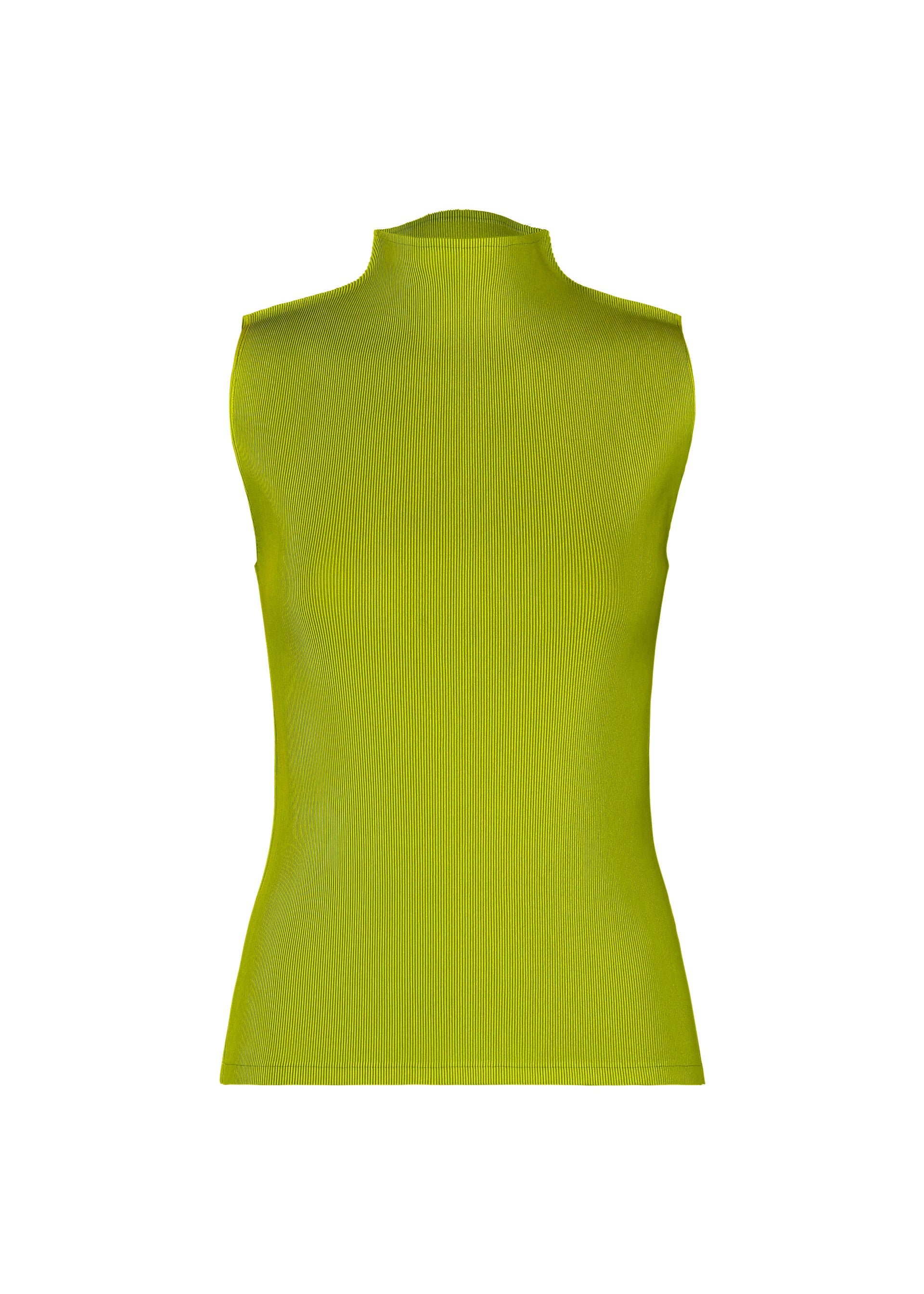 Zoomed view The MIST JUNE top by PLEATS PLEASE ISSEY MIYAKE is a lightweight, fitted lime green high-neck sleeveless piece featuring a ribbed texture and fine pleats, shown against a plain white background. - YELLOW GREEN （no.64）