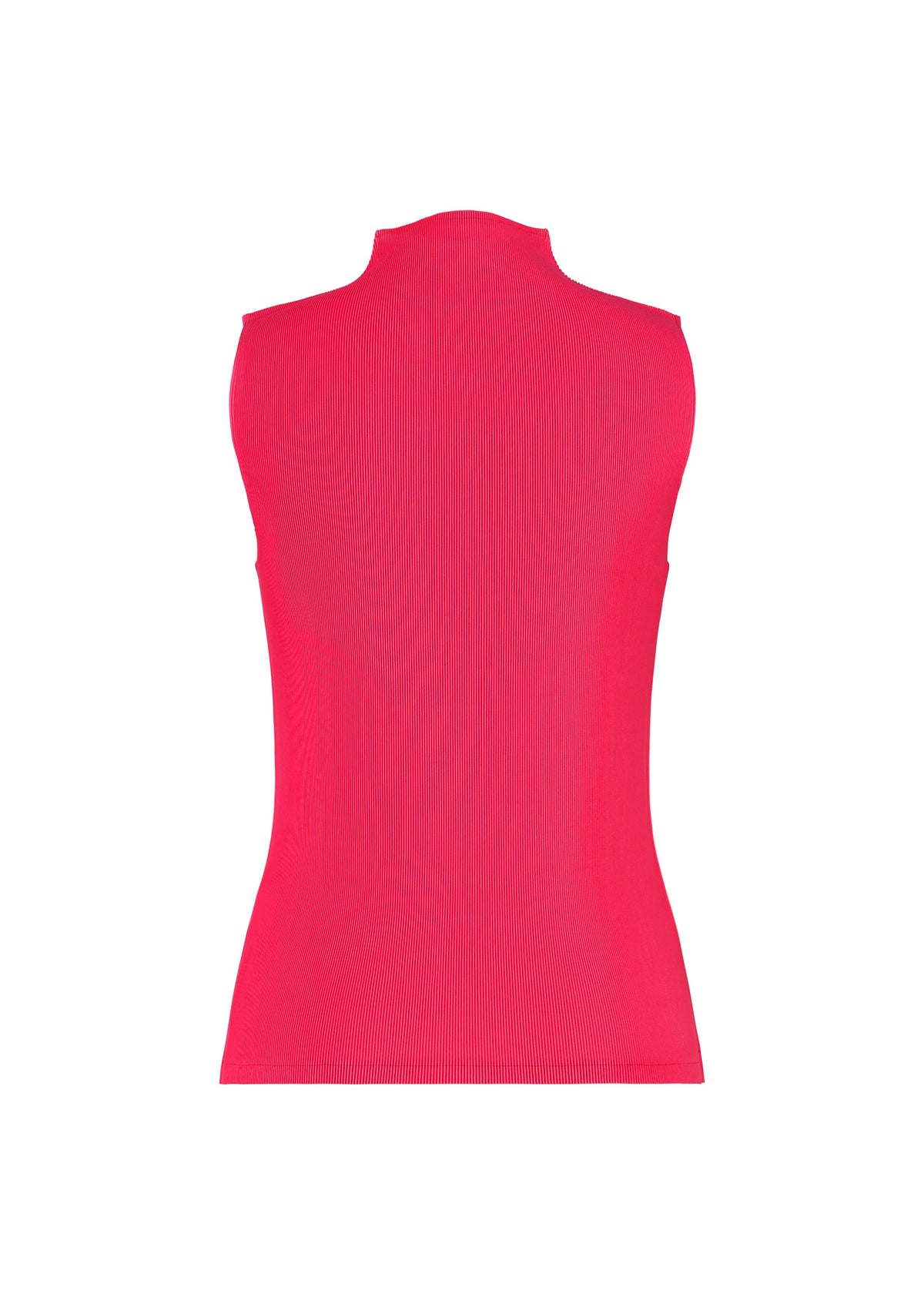 The MIST JUNE high-neck sleeveless top from PLEATS PLEASE ISSEY MIYAKE, in bright pink with fine pleats and lightweight fabric, is shown from the back against a plain white background. view 4 of 7