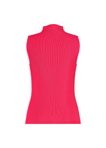 The MIST JUNE high-neck sleeveless top from PLEATS PLEASE ISSEY MIYAKE, in bright pink with fine pleats and lightweight fabric, is shown from the back against a plain white background.