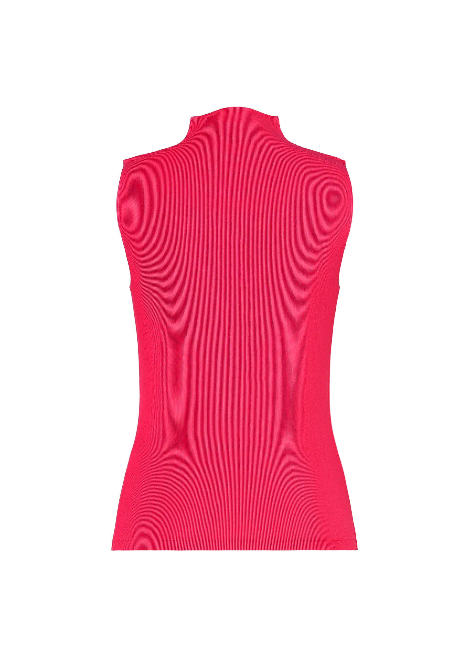 Zoomed view The MIST JUNE high-neck sleeveless top from PLEATS PLEASE ISSEY MIYAKE, in bright pink with fine pleats and lightweight fabric, is shown from the back against a plain white background.