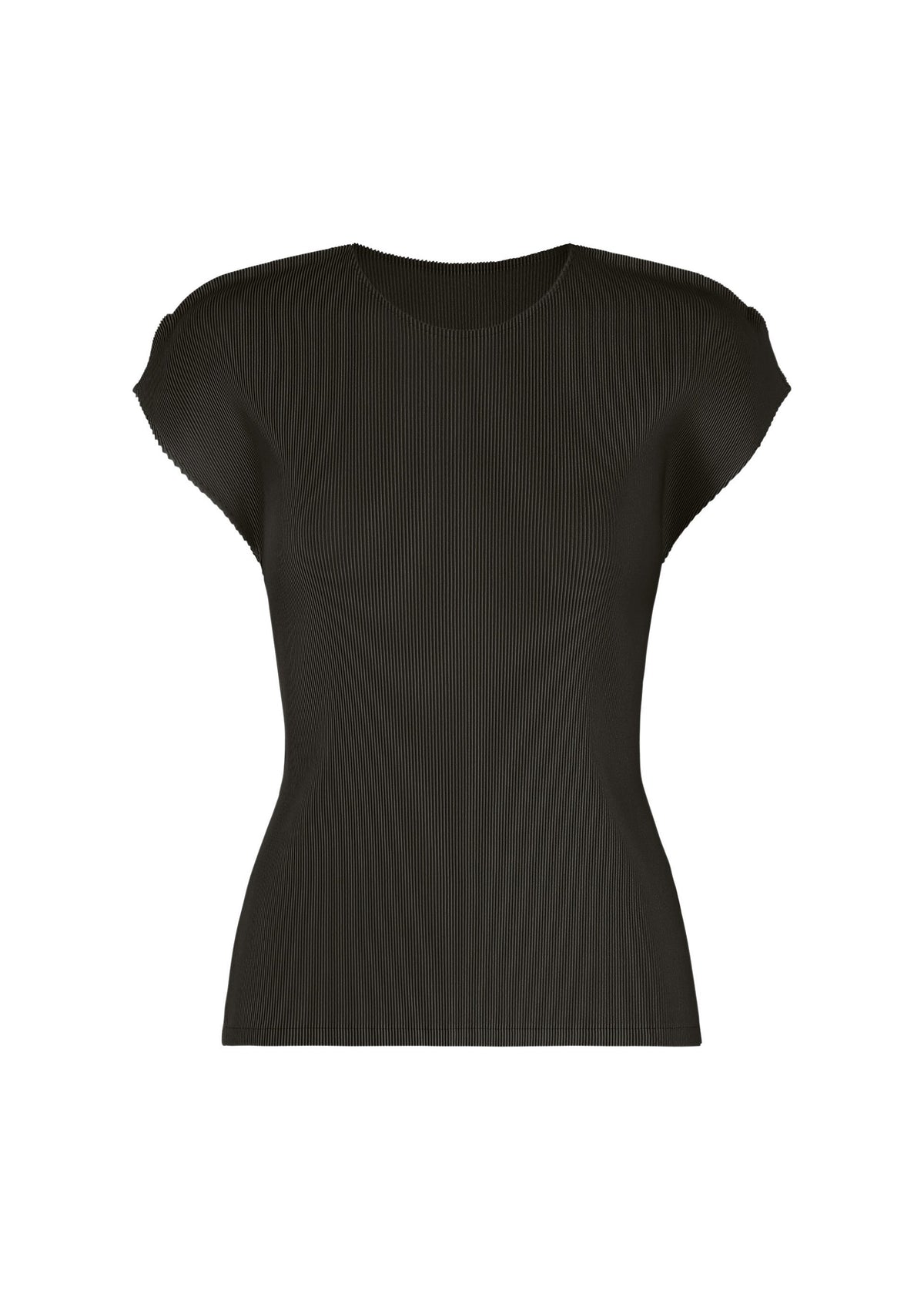 The MIST JUNE top by PLEATS PLEASE ISSEY MIYAKE is a black, short-sleeved, round-neck piece with a fitted silhouette and subtle vertical fine pleats, shown against a plain white background. view 1 of 7