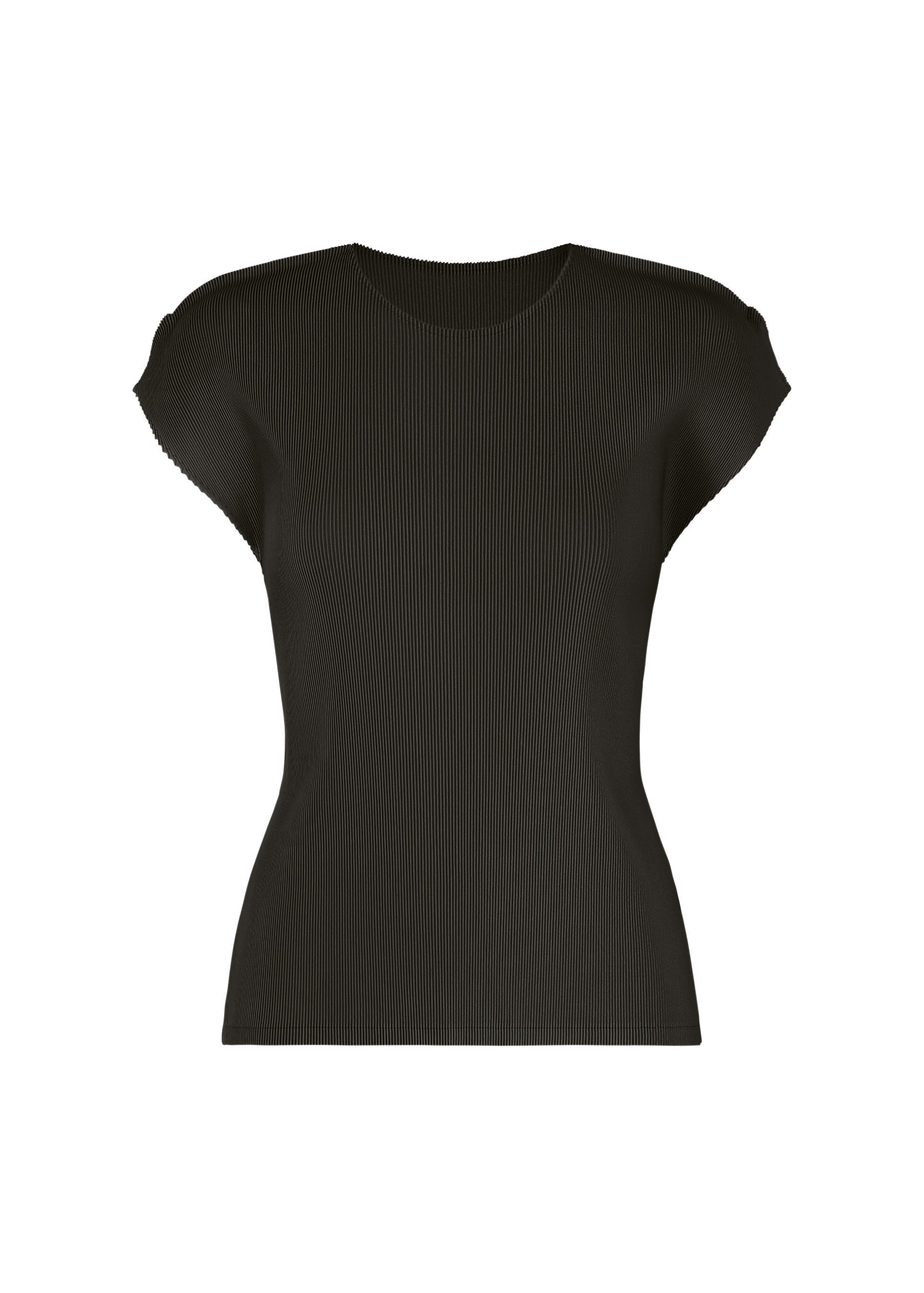 Zoomed view The MIST JUNE top by PLEATS PLEASE ISSEY MIYAKE is a black, short-sleeved, round-neck piece with a fitted silhouette and subtle vertical fine pleats, shown against a plain white background. - CHARCOAL （no.17）